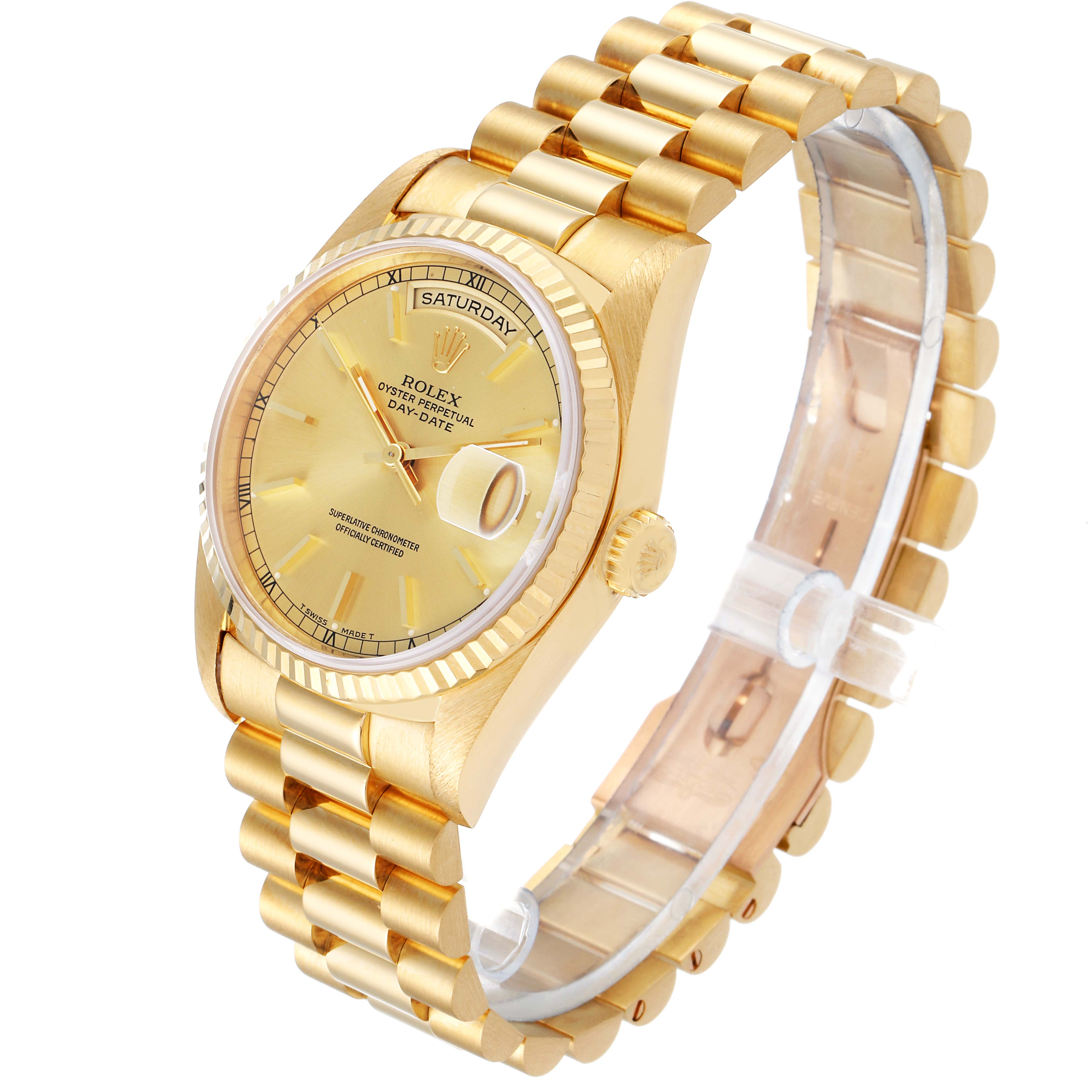 The image shows a Rolex President 18238 Men's Yellow Gold Champagne Dial 18238 Men's Yellow Gold Champagne Dial model watch from an angled side view, highlighting the dial, bezel, crown, and bracelet.
