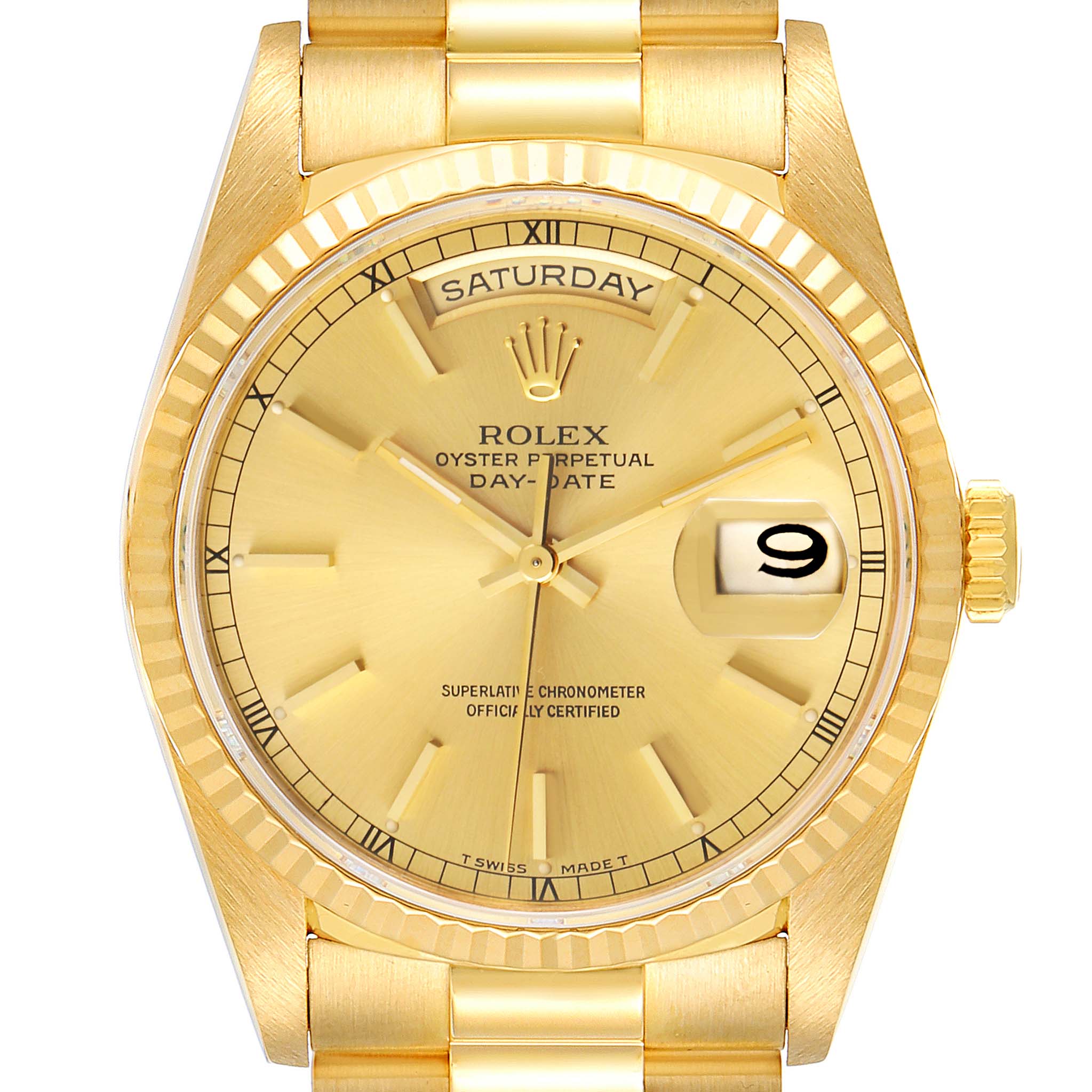The image shows a front angle of the Rolex President 18238 Men's Yellow Gold Champagne Dial 18238 Men's Yellow Gold Champagne Dial model, highlighting the dial, bezel, hands, day-date window, and bracelet.