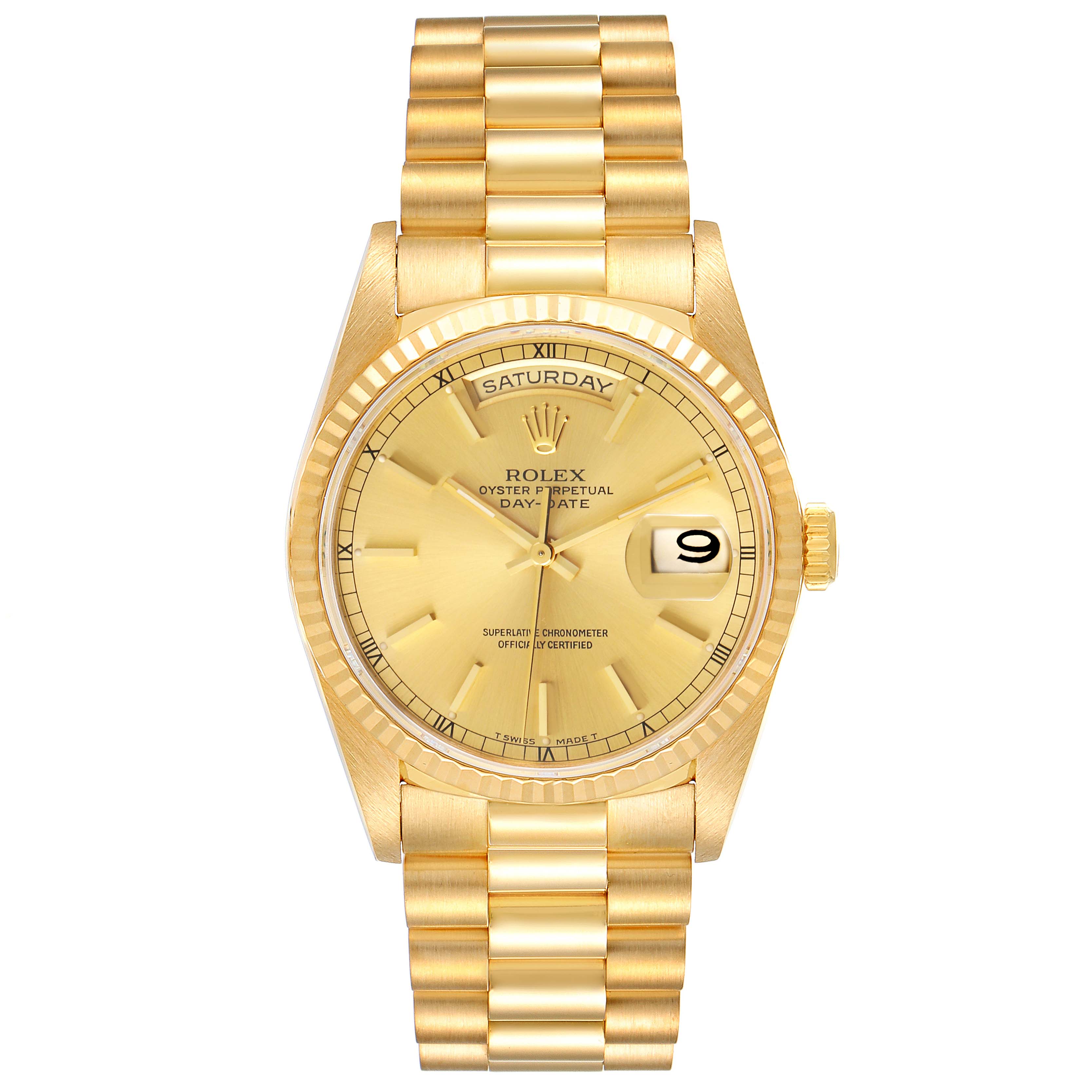 The image shows a front view of the Rolex President 18238 Men's Yellow Gold Champagne Dial 18238 Men's Yellow Gold Champagne Dial model watch, featuring the dial, bezel, bracelet, and crown.