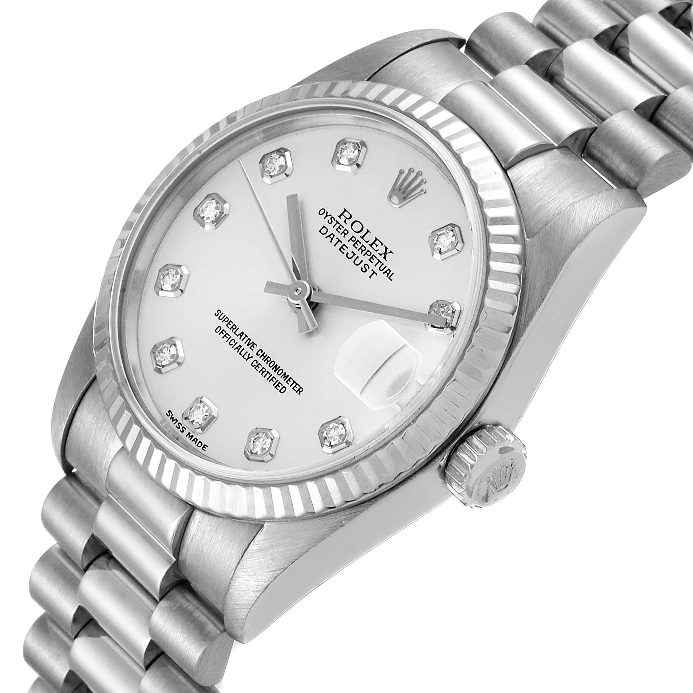 The image shows a close-up angled view of a Rolex President 78279 Women's White Gold Silver Dial 78279 Women's White Gold Silver Dial model watch, highlighting its dial, fluted bezel, and bracelet.