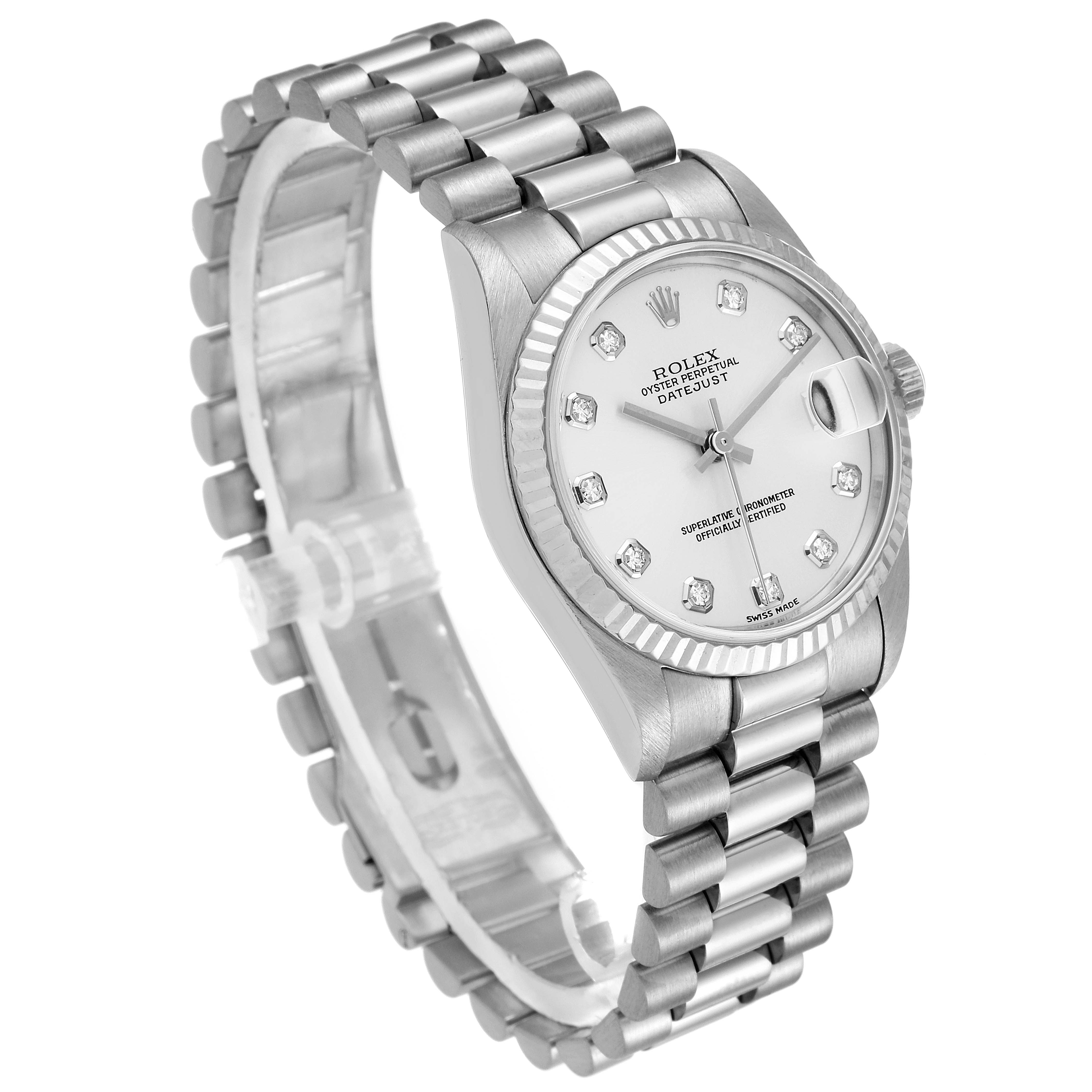 This image shows the President model by Rolex at a tilted angle, featuring the full watch face, bezel, and bracelet.