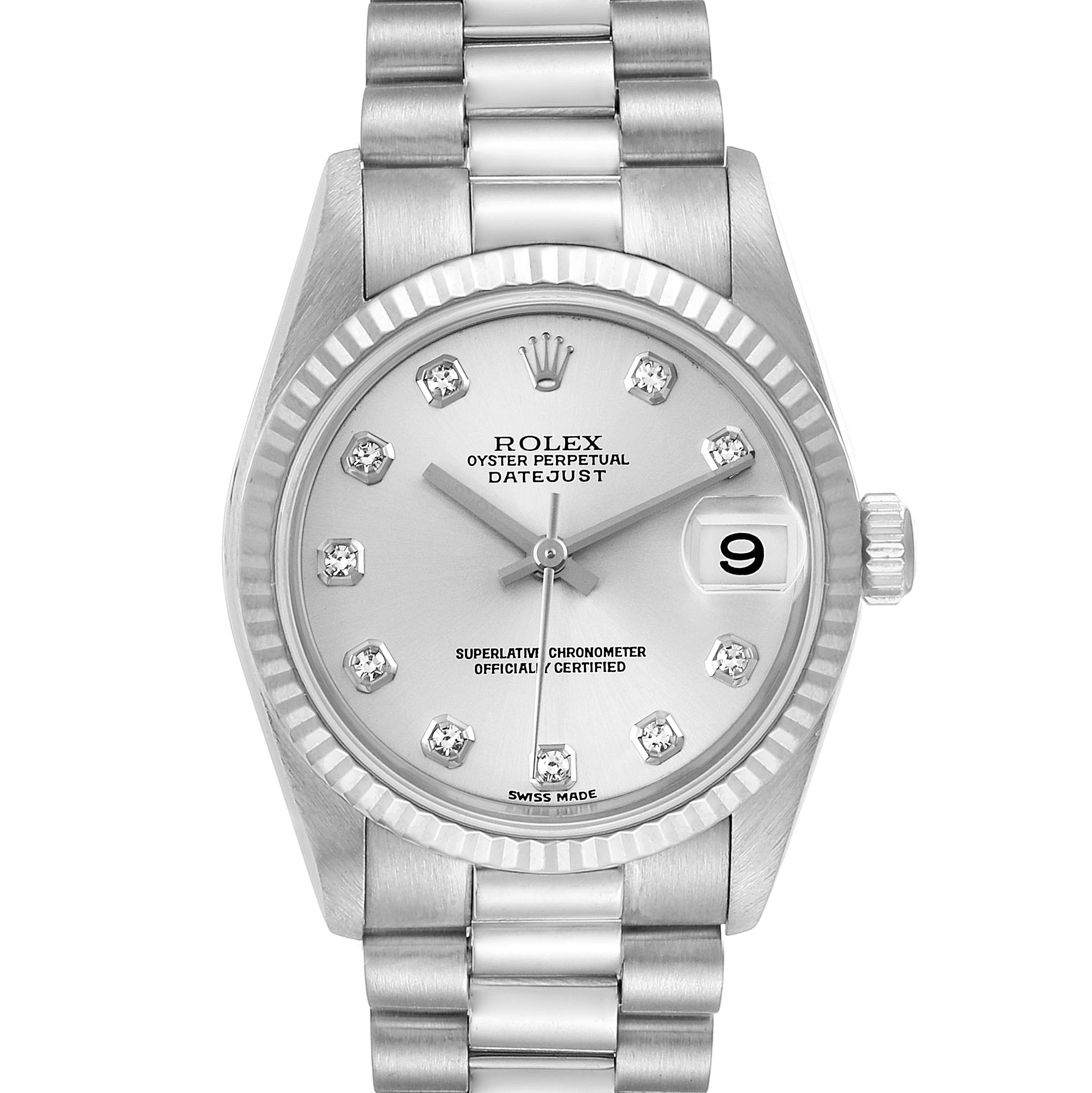 This image shows a Rolex President 78279 Women's White Gold Silver Dial 78279 Women's White Gold Silver Dial Datejust watch from a top-down angle, highlighting the dial, hands, date window, and bracelet.