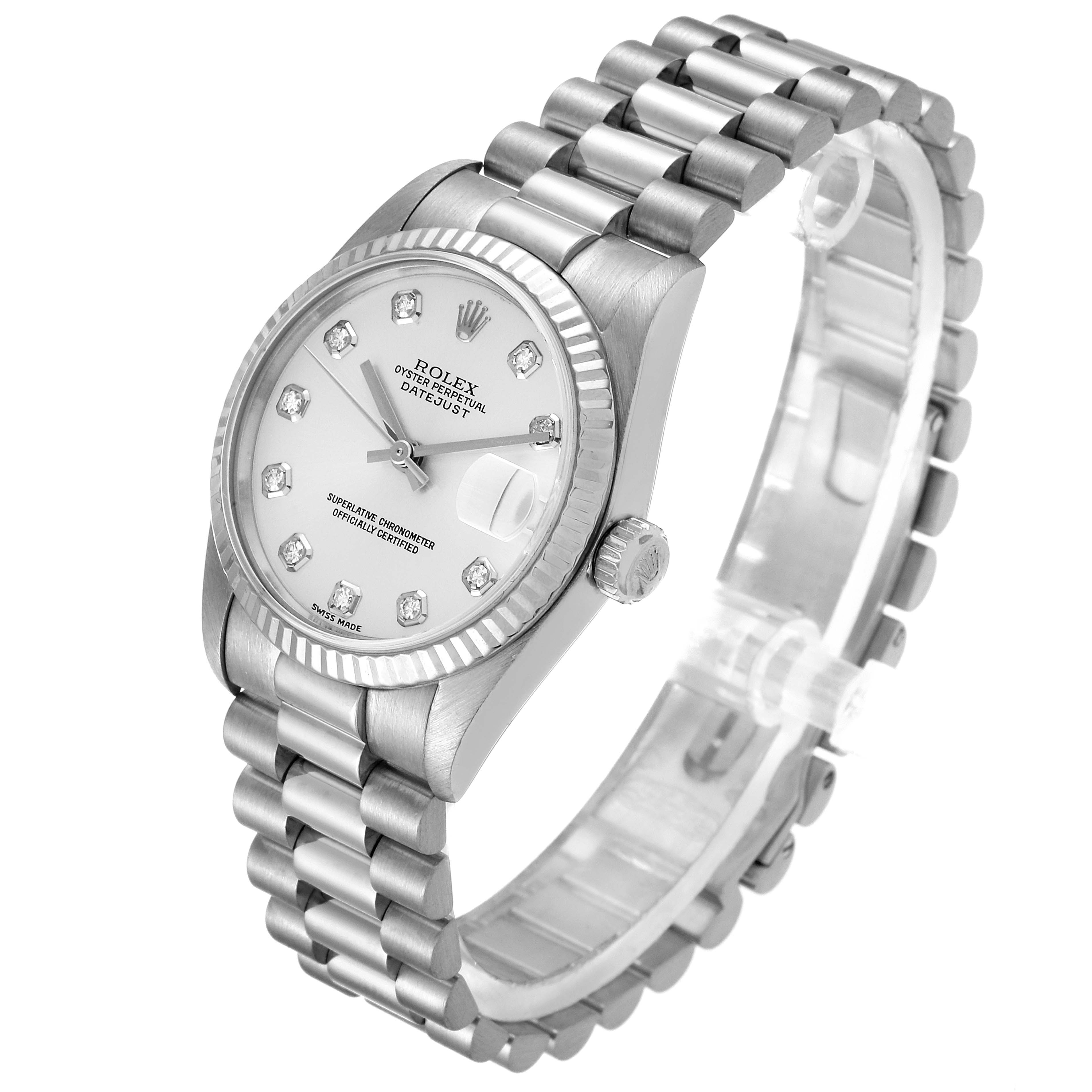 The image shows the Rolex President 78279 Women's White Gold Silver Dial 78279 Women's White Gold Silver Dial model watch from a three-quarter top view, emphasizing the dial, crown, and bracelet.