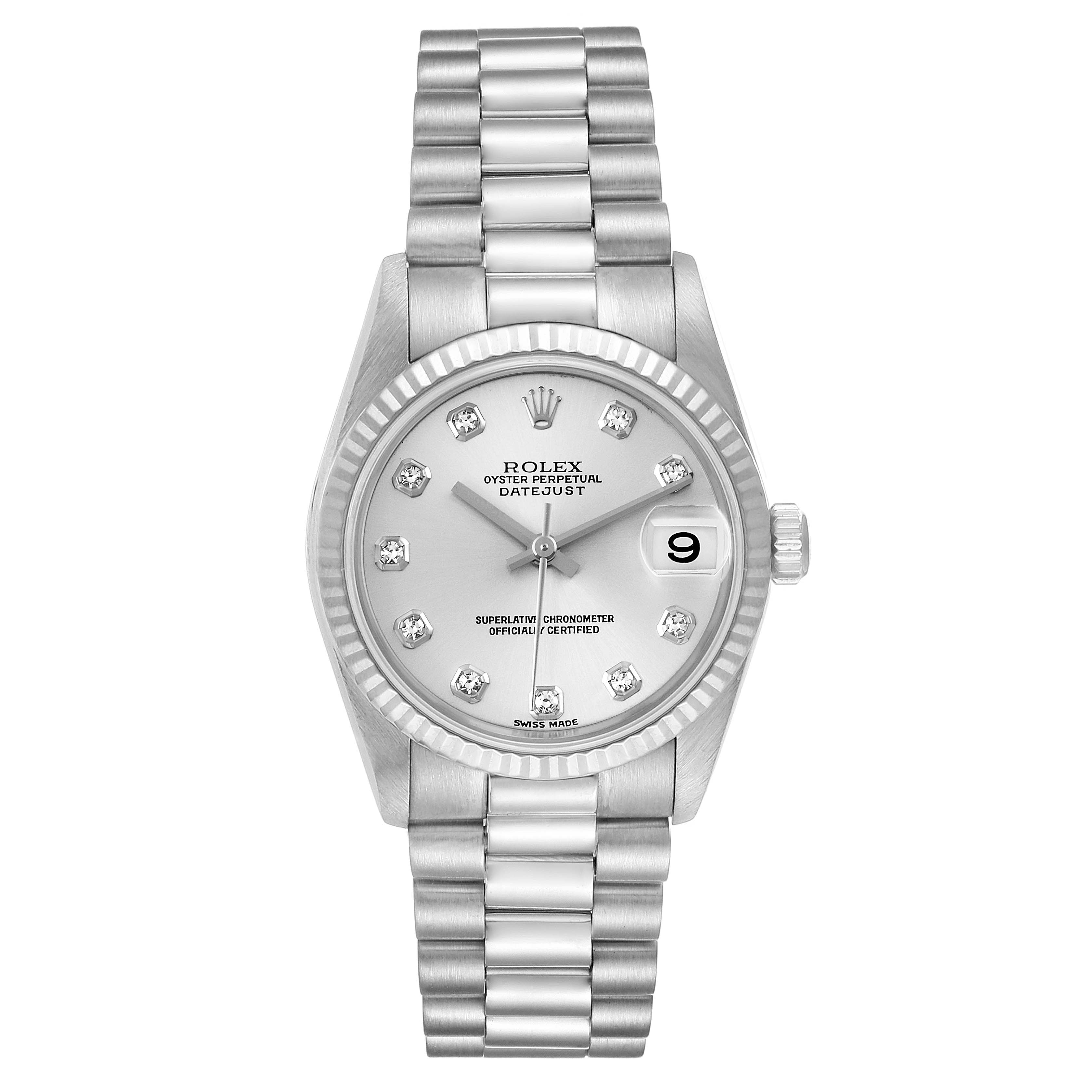 This is a front view of a Rolex President 78279 Women's White Gold Silver Dial 78279 Women's White Gold Silver Dial model watch, showing the dial, date window, and the full bracelet.