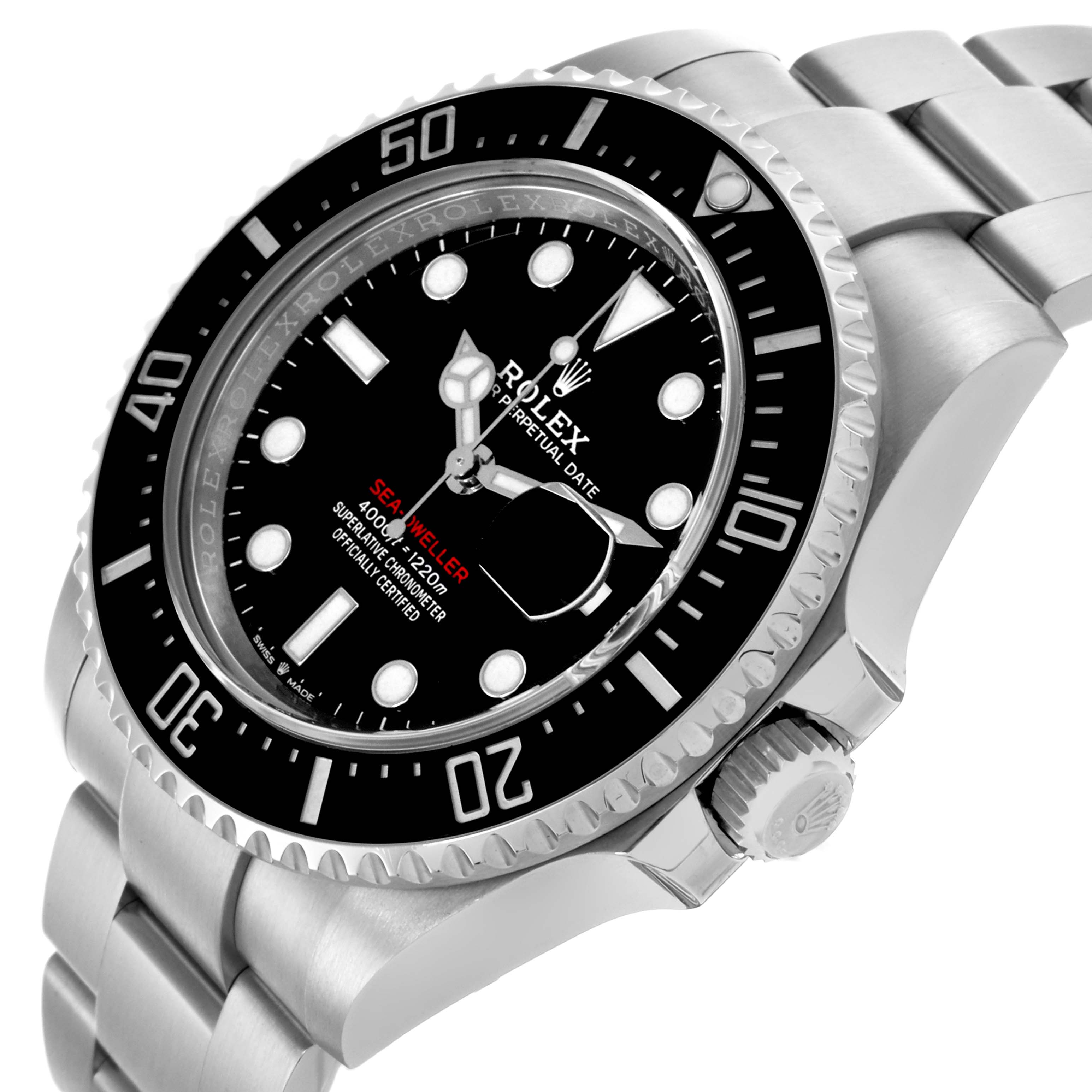 The Rolex Sea-Dweller 126600 Men's Stainless Steel Black Dial 126600 Men's Stainless Steel Black Dial is shown at a side angle, highlighting the bezel, dial, and bracelet.