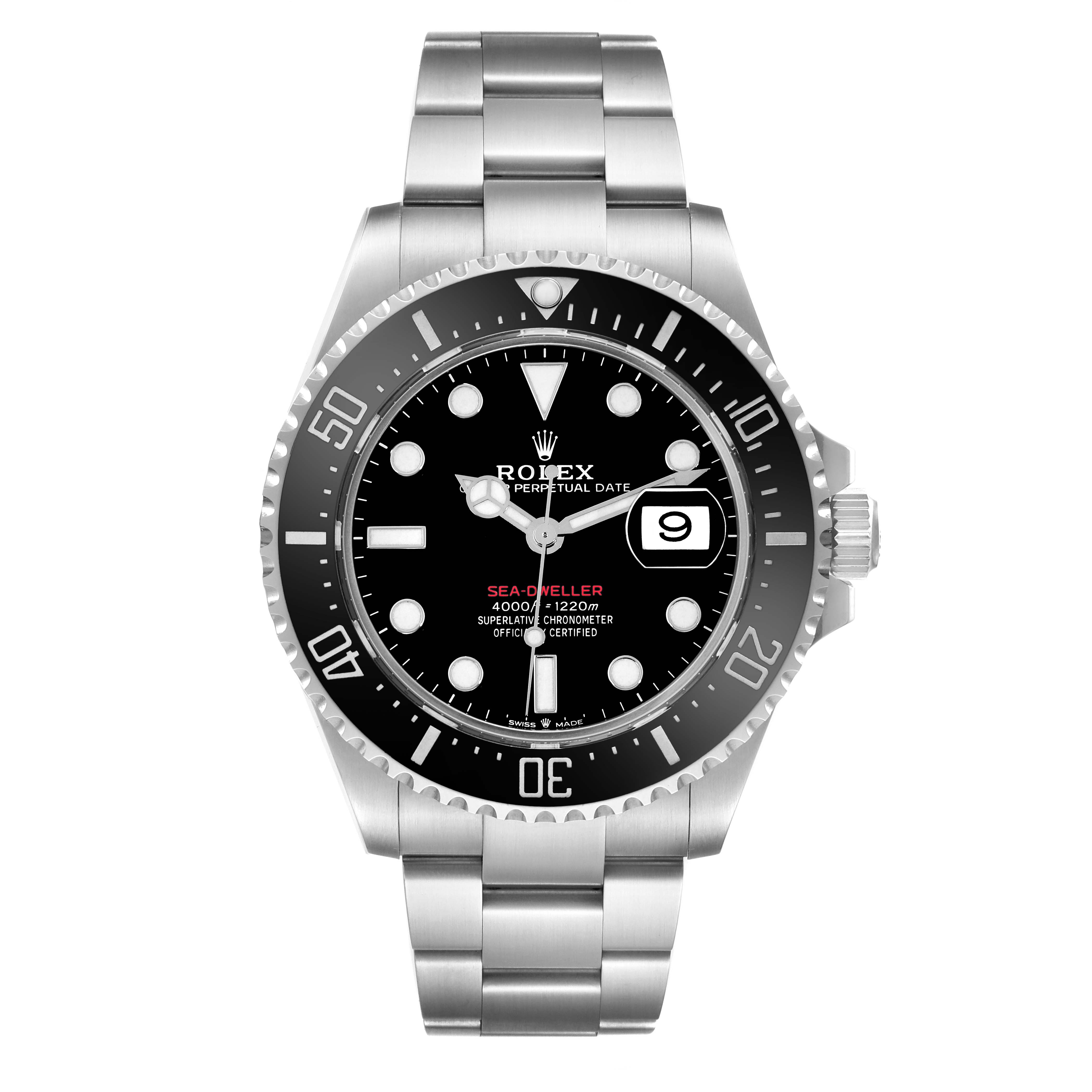 The Rolex Sea-Dweller 126600 Men's Stainless Steel Black Dial 126600 Men's Stainless Steel Black Dial watch is shown from the front, displaying the bezel, dial, and bracelet clearly.