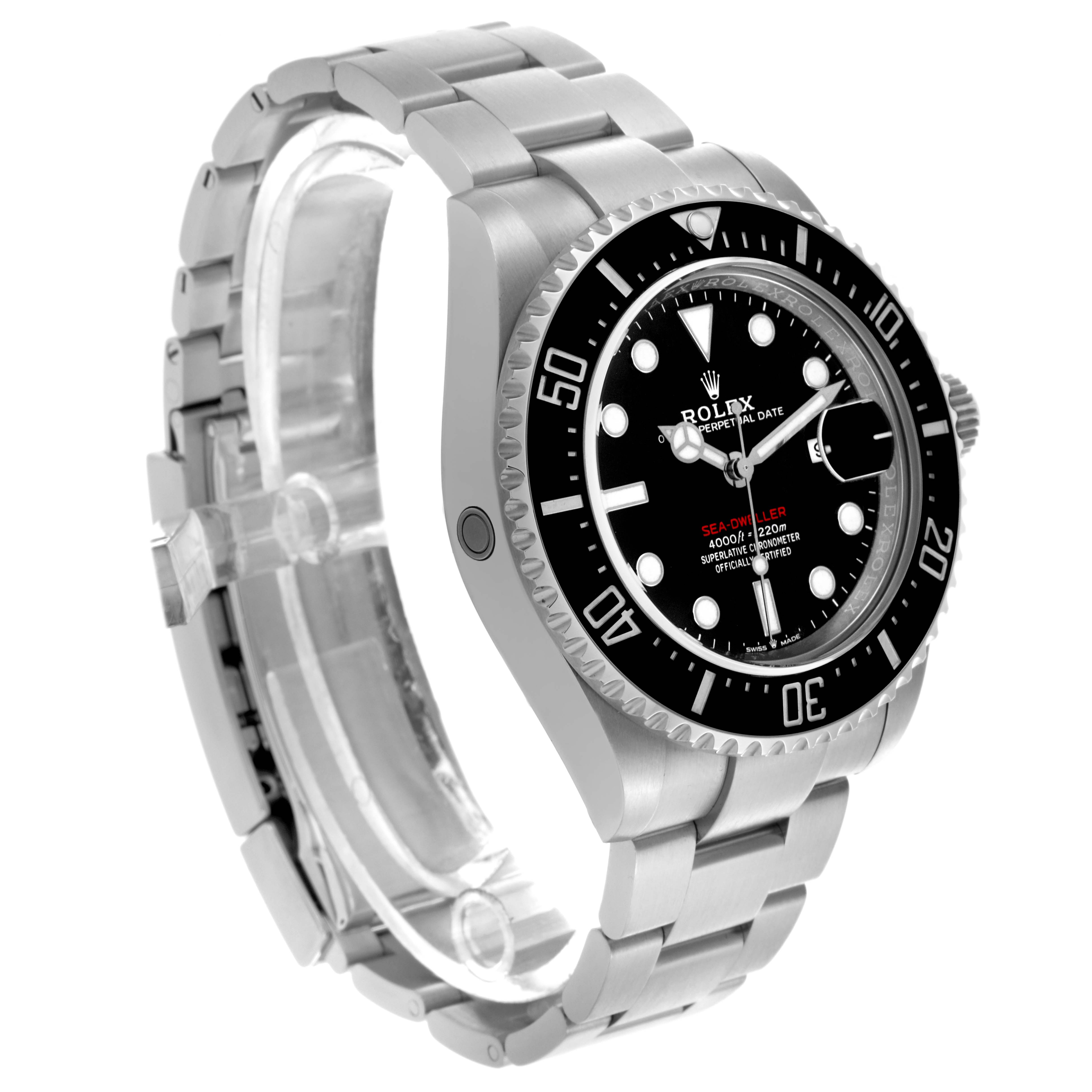 The Rolex Sea-Dweller 126600 Men's Stainless Steel Black Dial 126600 Men's Stainless Steel Black Dial watch is shown at a three-quarter angle, highlighting its dial, bezel, and bracelet.