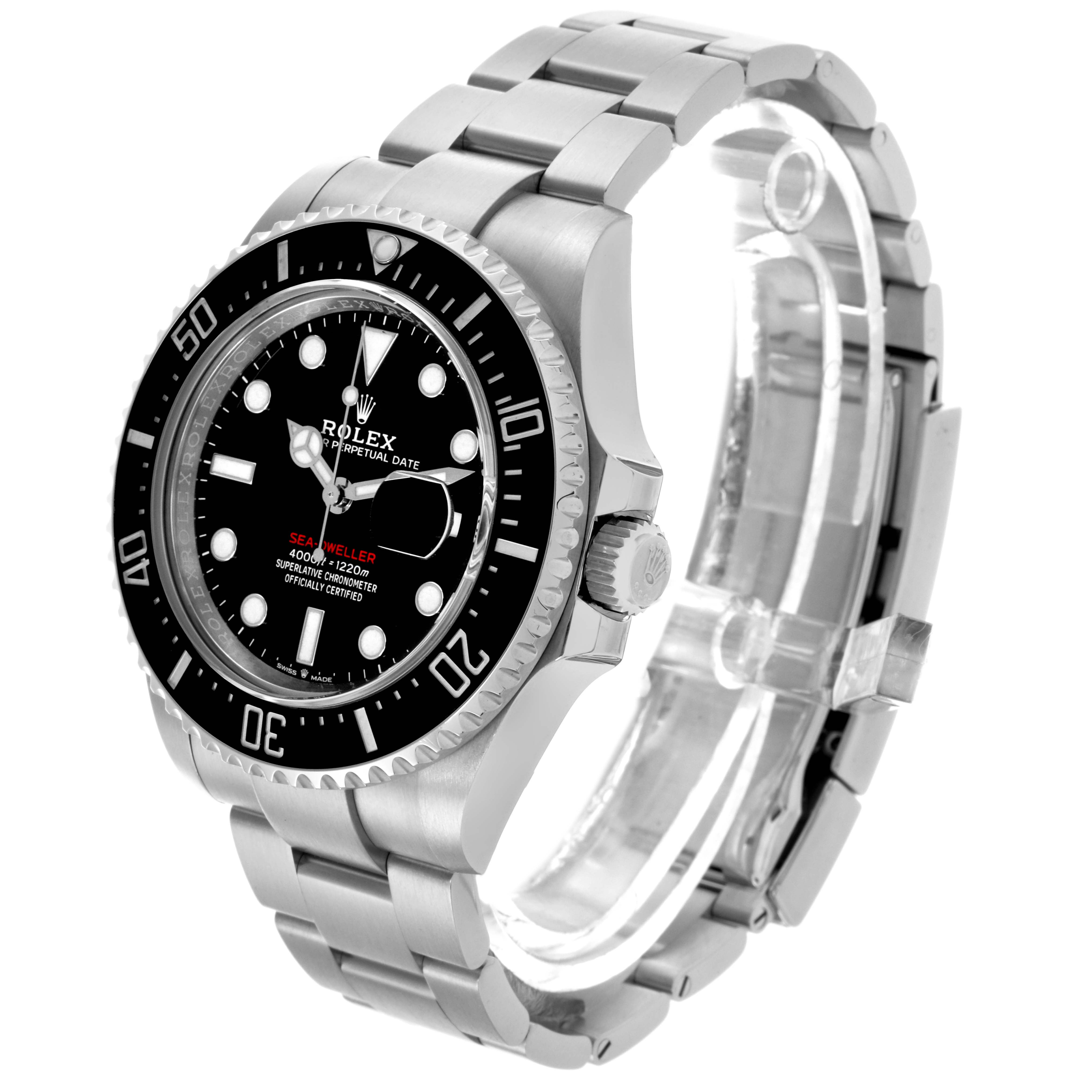 The Rolex Sea-Dweller 126600 Men's Stainless Steel Black Dial 126600 Men's Stainless Steel Black Dial watch is shown at a slight angle, displaying the face, bezel, and bracelet.