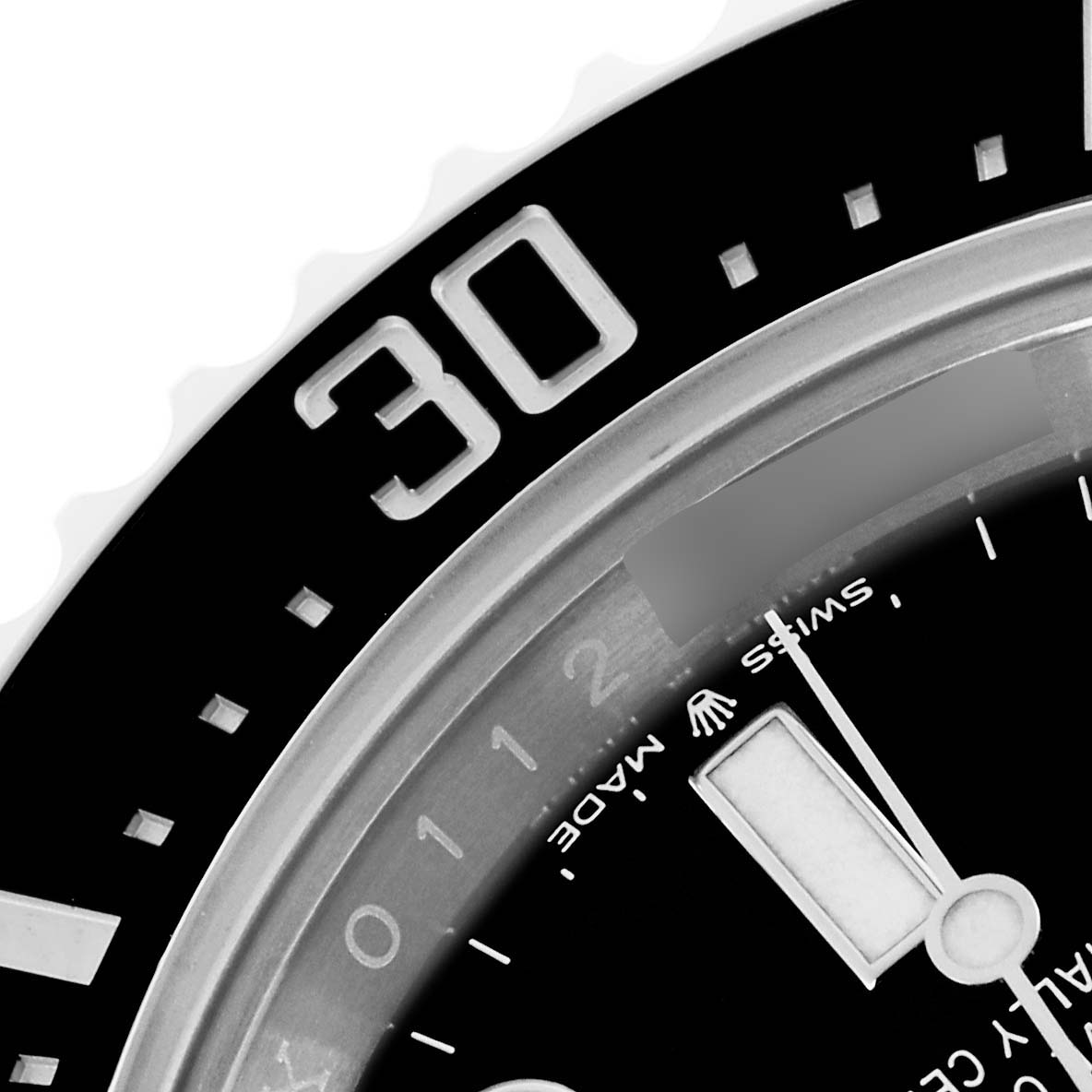 The image shows a close-up of the bezel and dial of a Rolex Sea-Dweller 126600 Men's Stainless Steel Black Dial 126600 Men's Stainless Steel Black Dial watch, highlighting the "30" marker and surrounding details.