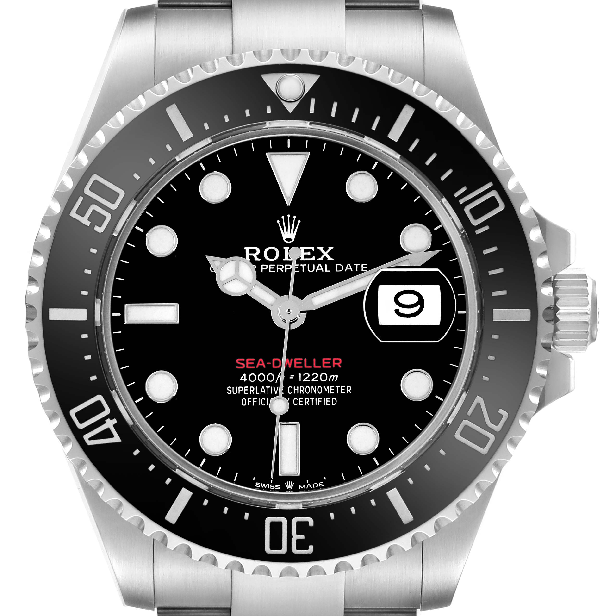 The Rolex Sea-Dweller 126600 Men's Stainless Steel Black Dial 126600 Men's Stainless Steel Black Dial watch is shown from the front, highlighting its dial, bezel, and crown.