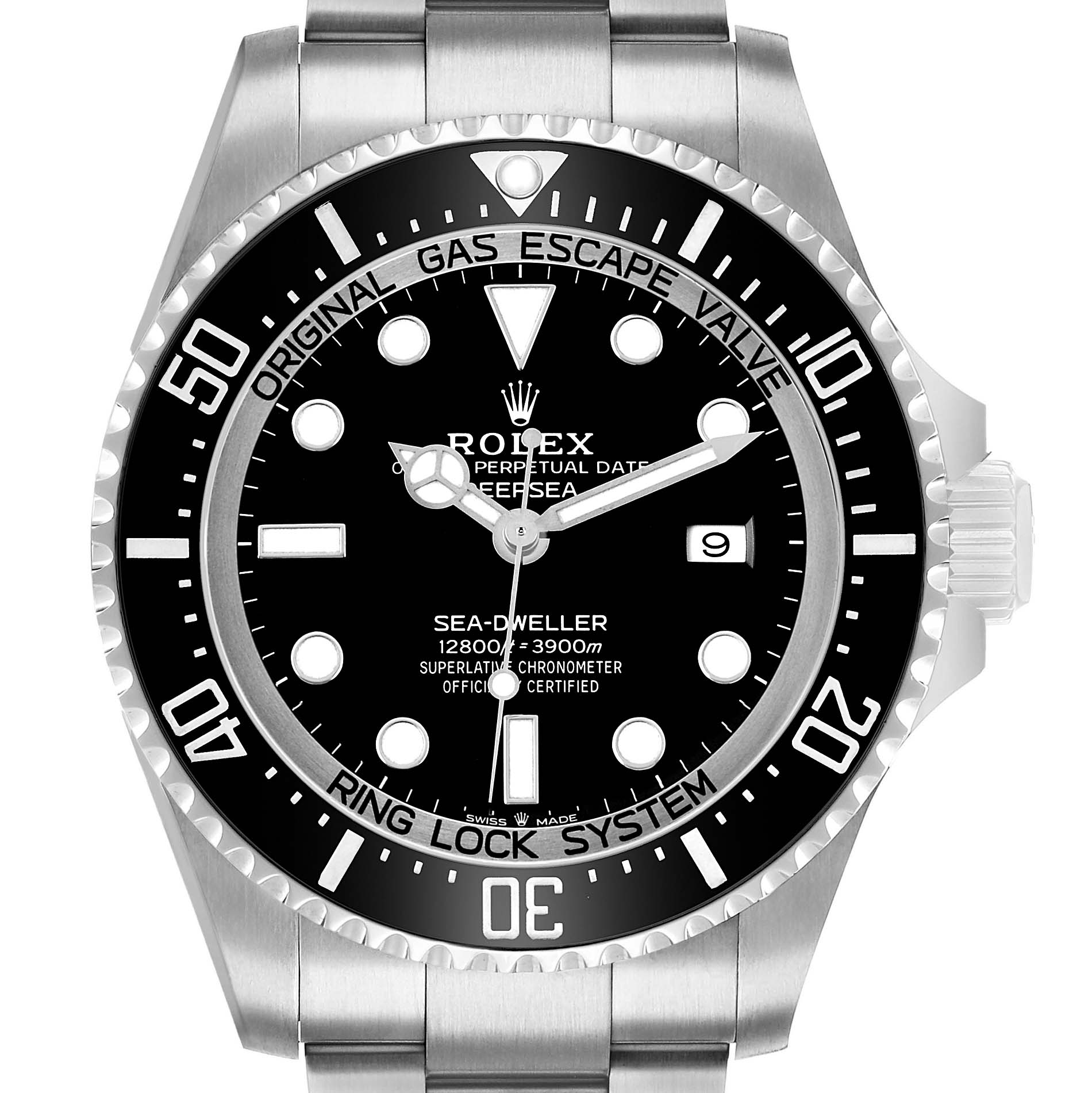 The Rolex Sea-Dweller 126660 Men's Stainless Steel Black Dial is shown from a front angle, displaying the bezel, dial, and crown.
