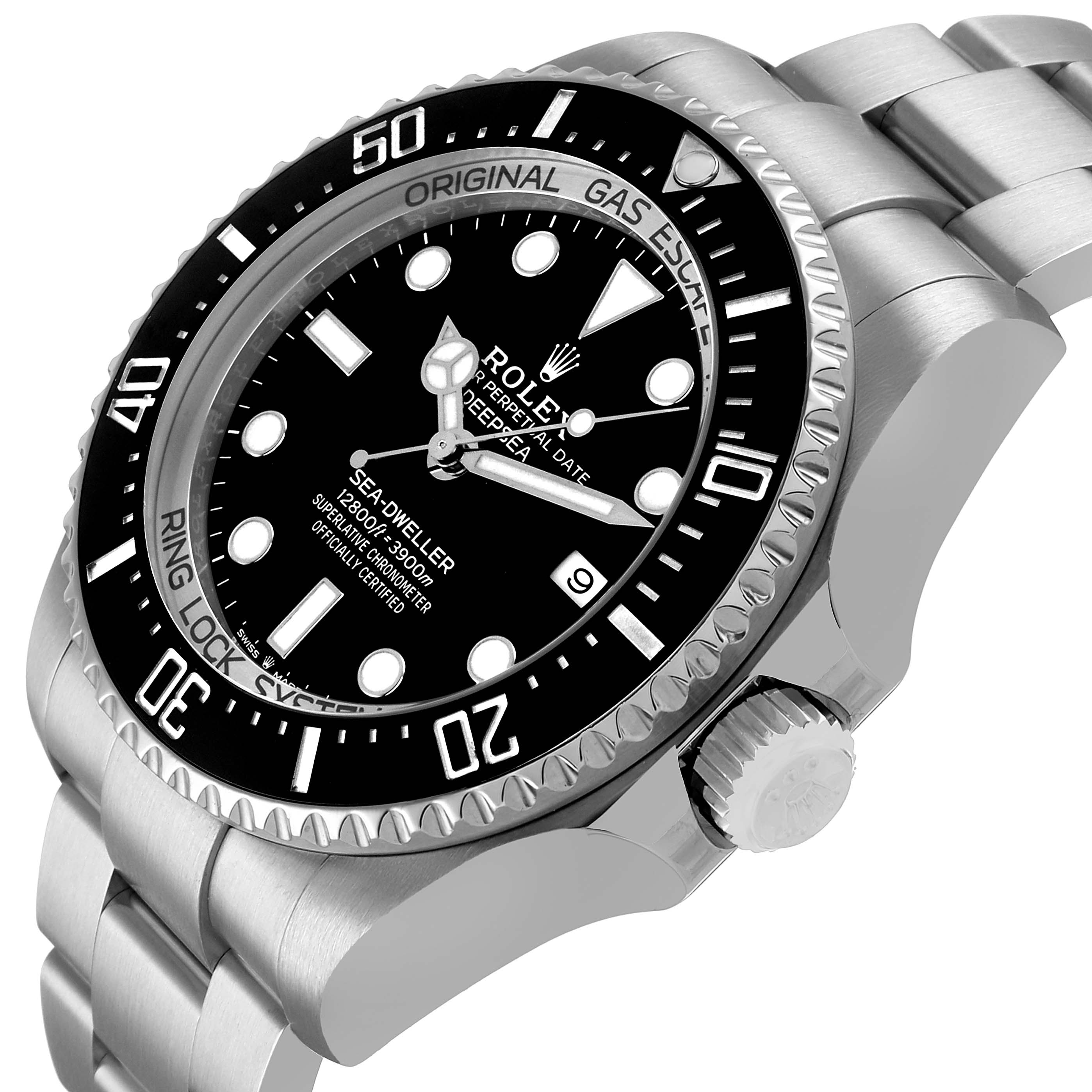 The Rolex Sea-Dweller 126660 Men's Stainless Steel Black Dial watch is shown at an angled view, highlighting the bezel, dial, crown, and bracelet.