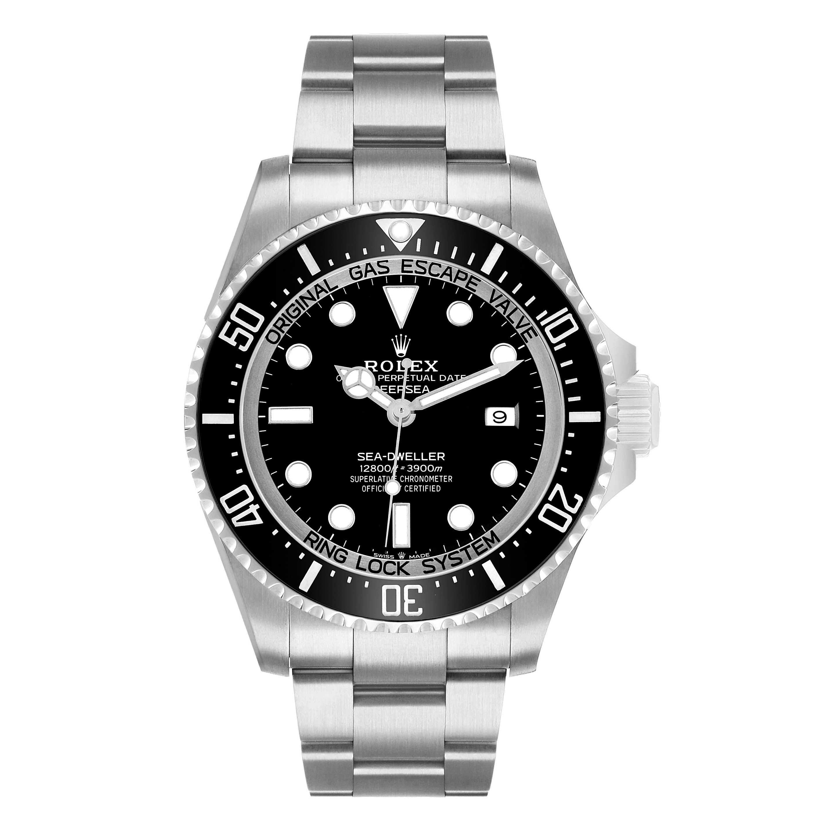 The Rolex Sea-Dweller 126660 Men's Stainless Steel Black Dial watch is shown from a front view, highlighting the dial, bezel, bracelet, and crown.