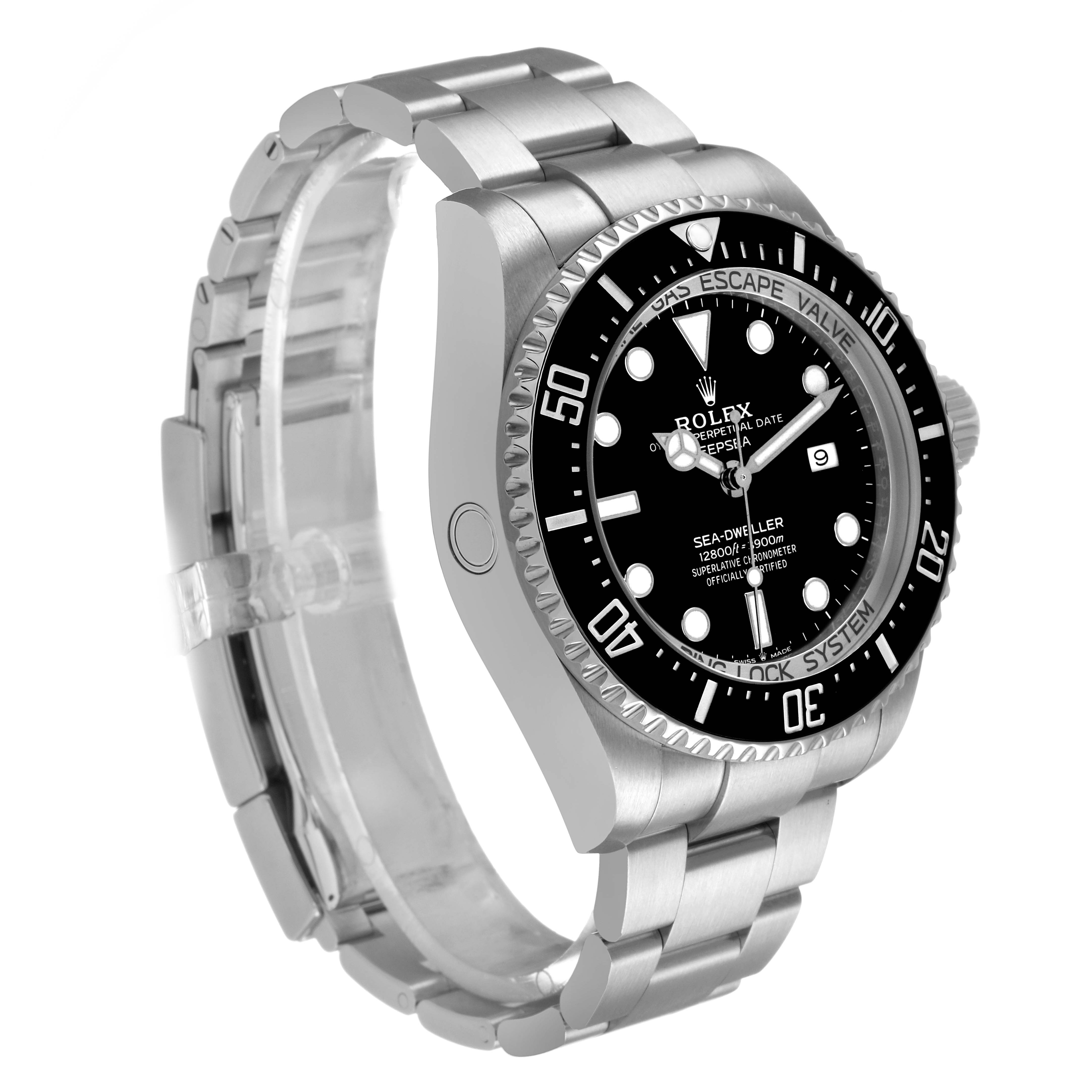The Rolex Sea-Dweller 126660 Men's Stainless Steel Black Dial watch is shown at an angle highlighting the dial, bezel, and bracelet.