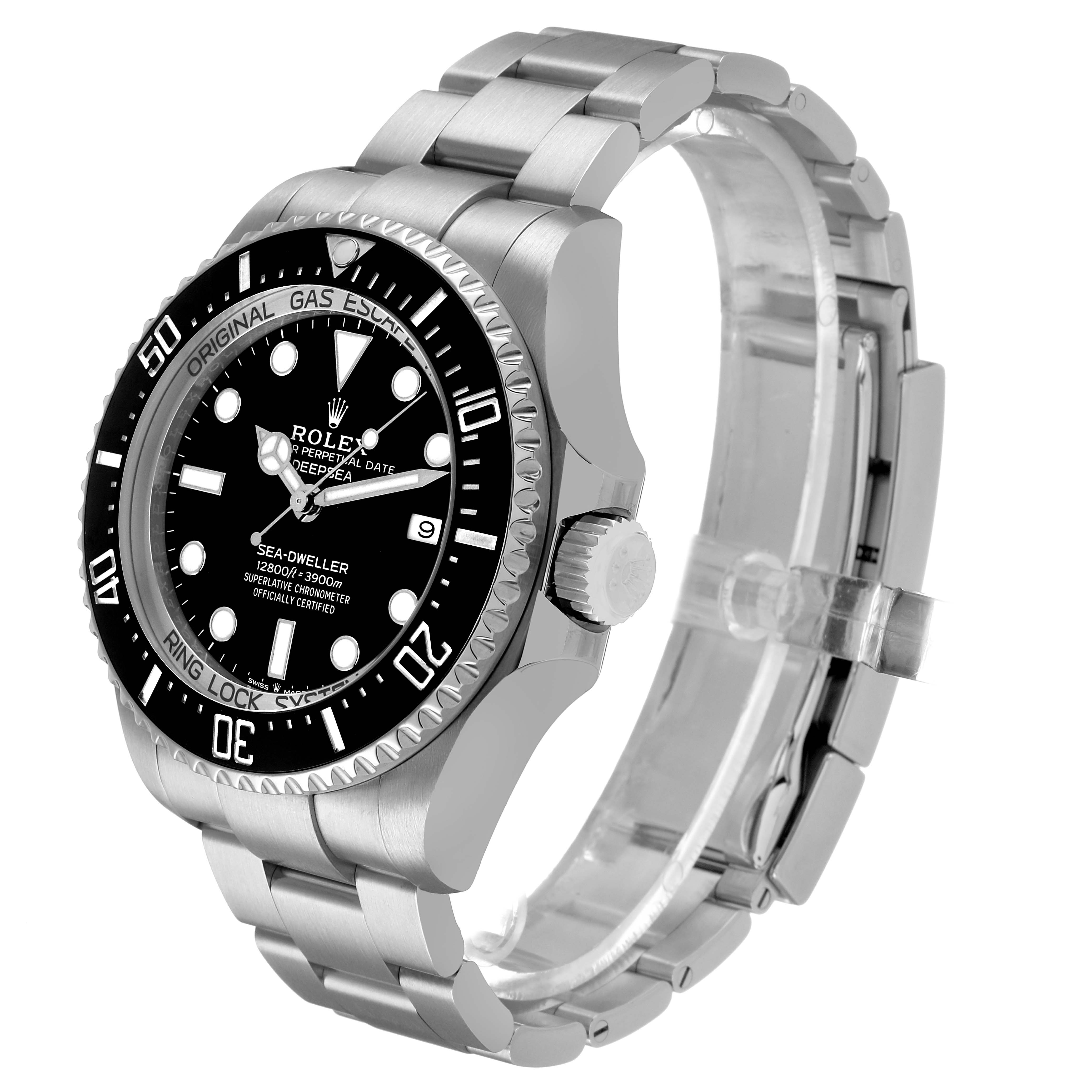 The Rolex Sea-Dweller 126660 Men's Stainless Steel Black Dial watch is shown at a three-quarter angle, displaying the face, bezel, crown, and part of the bracelet.