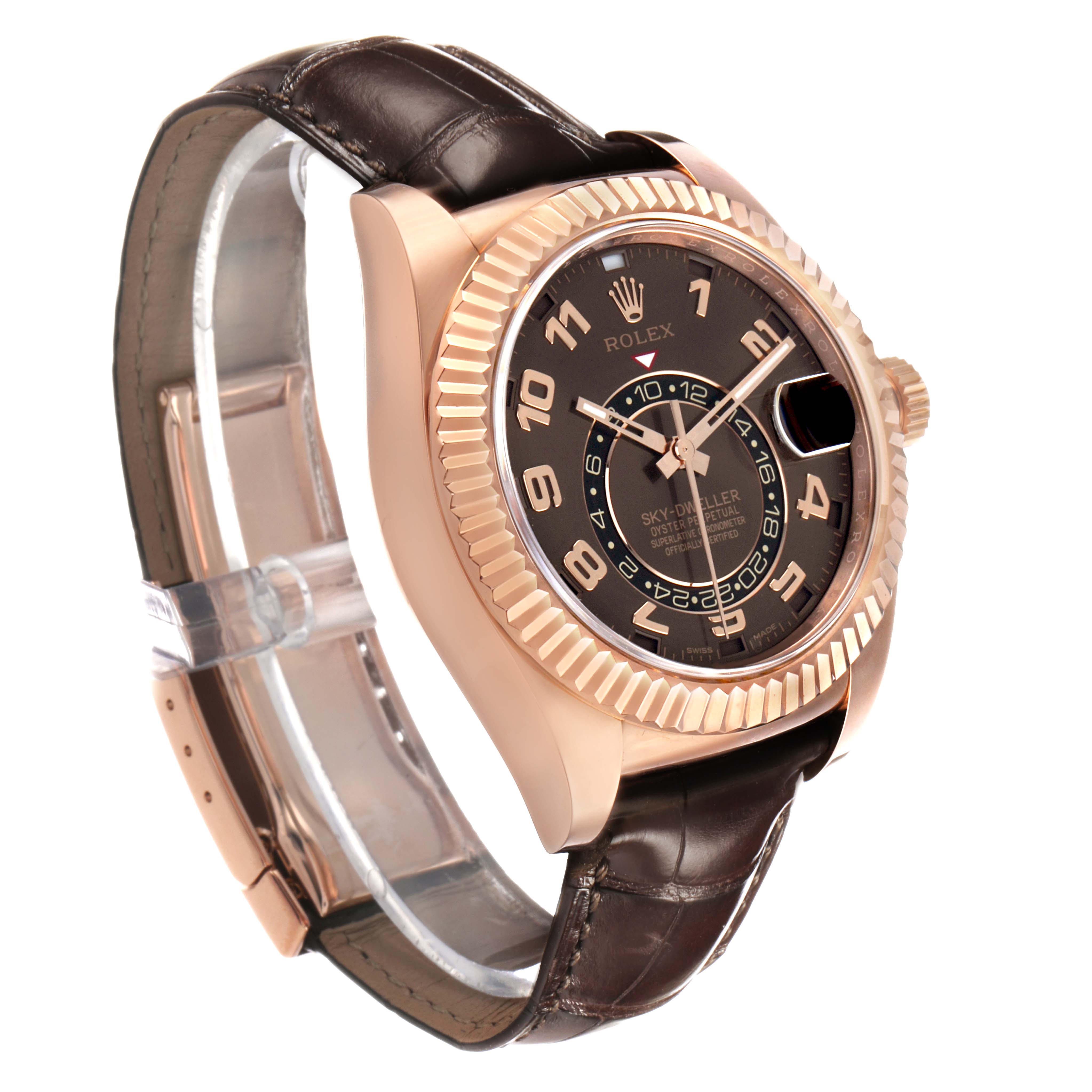 The Rolex Sky-Dweller 326135 Men's Rose Gold Brown Dial is shown at a three-quarter angle, highlighting the dial, bezel, leather strap, and crown.