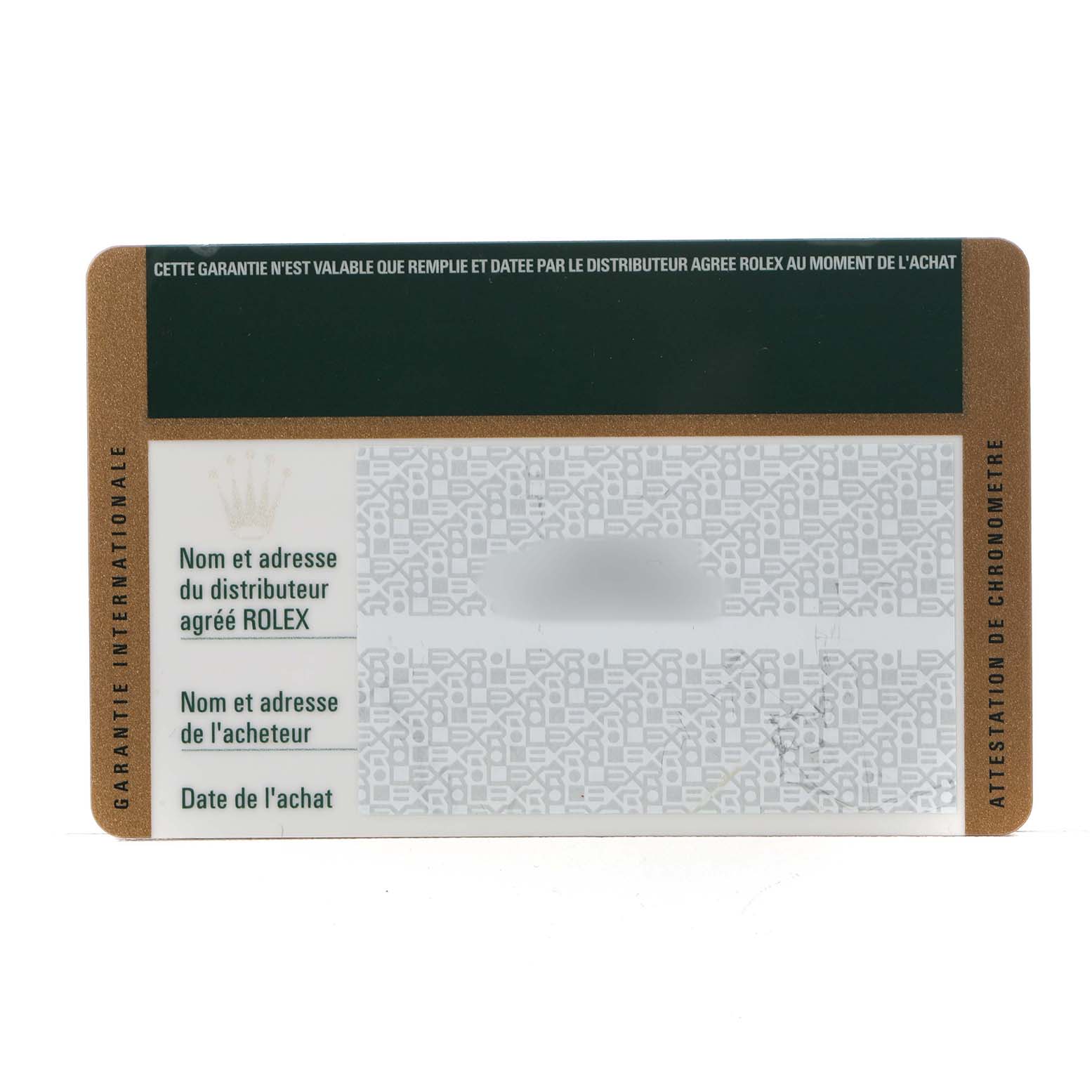 This image shows the warranty card for the Rolex Sky-Dweller 326135 Men's Rose Gold Brown Dial watch, displaying authentication details.