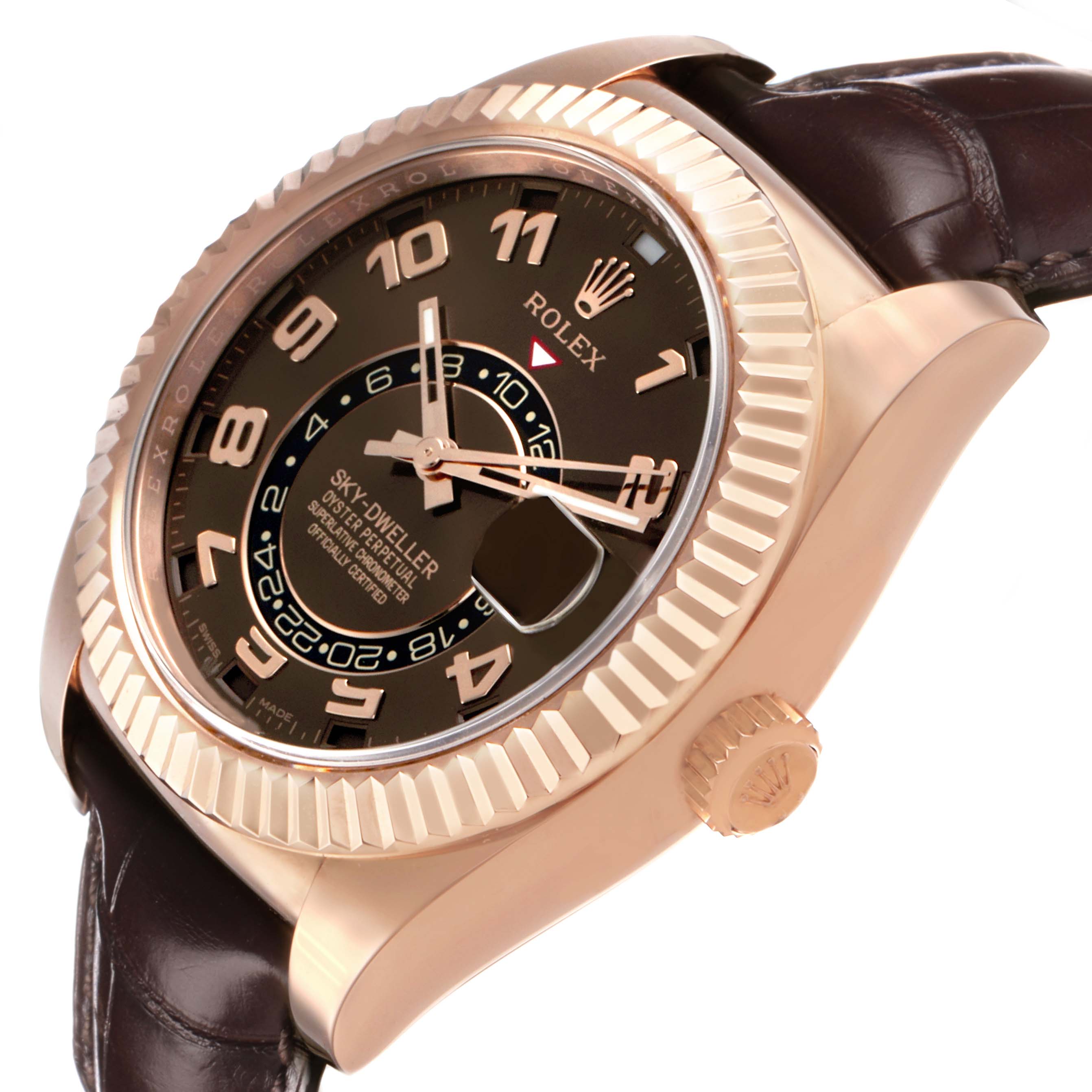The Rolex Sky-Dweller 326135 Men's Rose Gold Brown Dial watch is shown at a side angle, highlighting the dial, bezel, crown, and strap attachment.