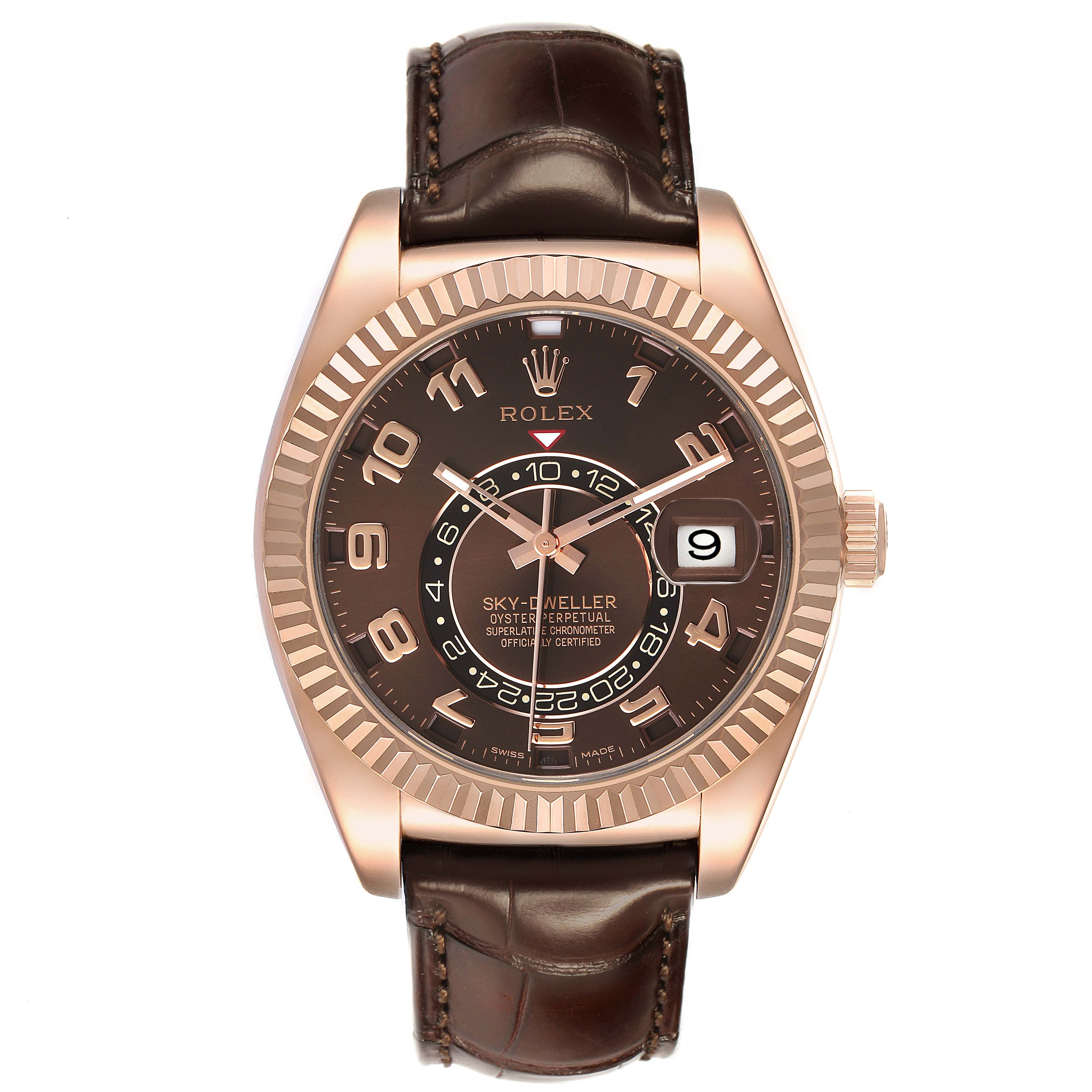 The Rolex Sky-Dweller 326135 Men's Rose Gold Brown Dial watch is shown from the front, featuring its dial, bezel, and leather strap.
