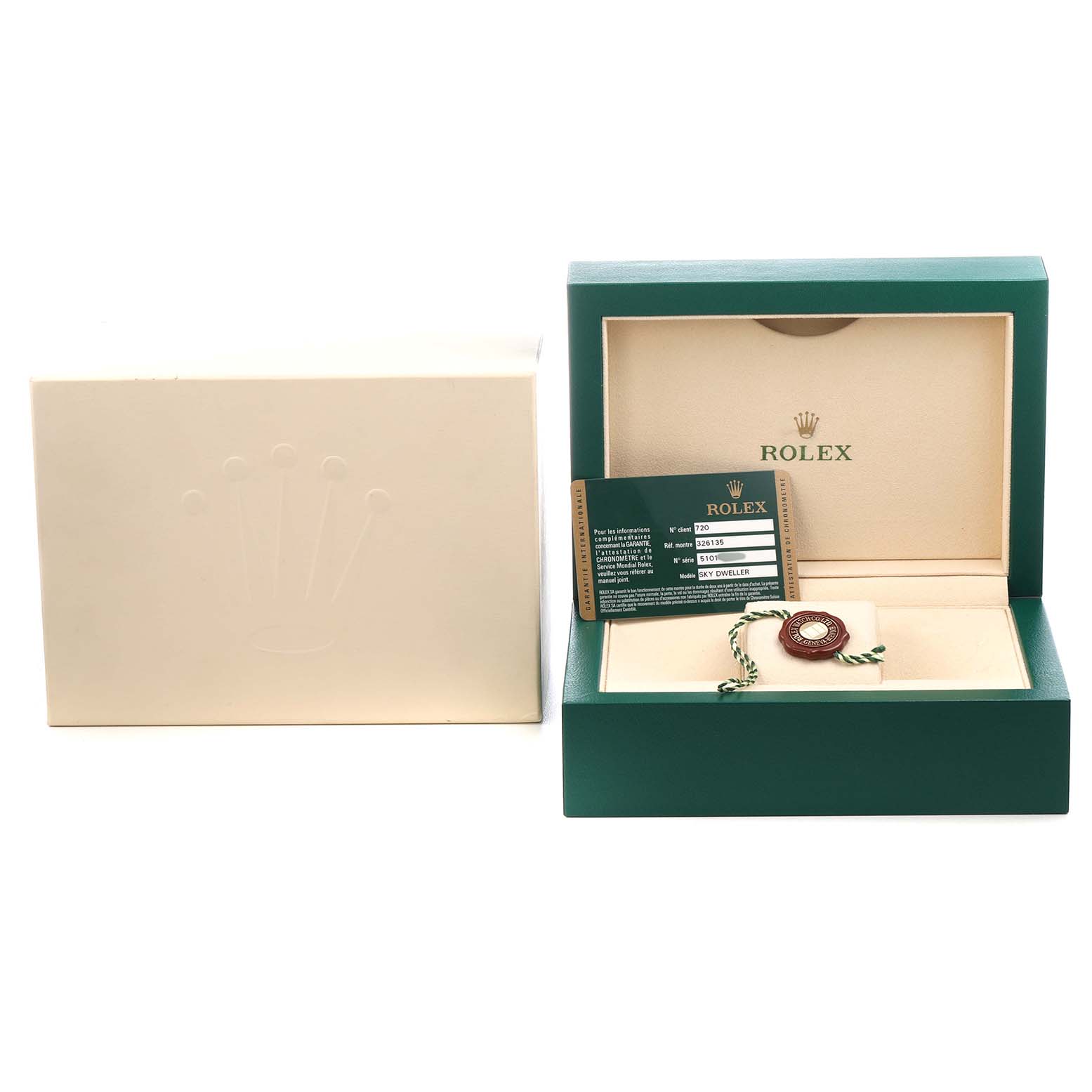 The image shows a Rolex Sky-Dweller 326135 Men's Rose Gold Brown Dial watch box, card, and tag from a front angle, with the outer box beside it.