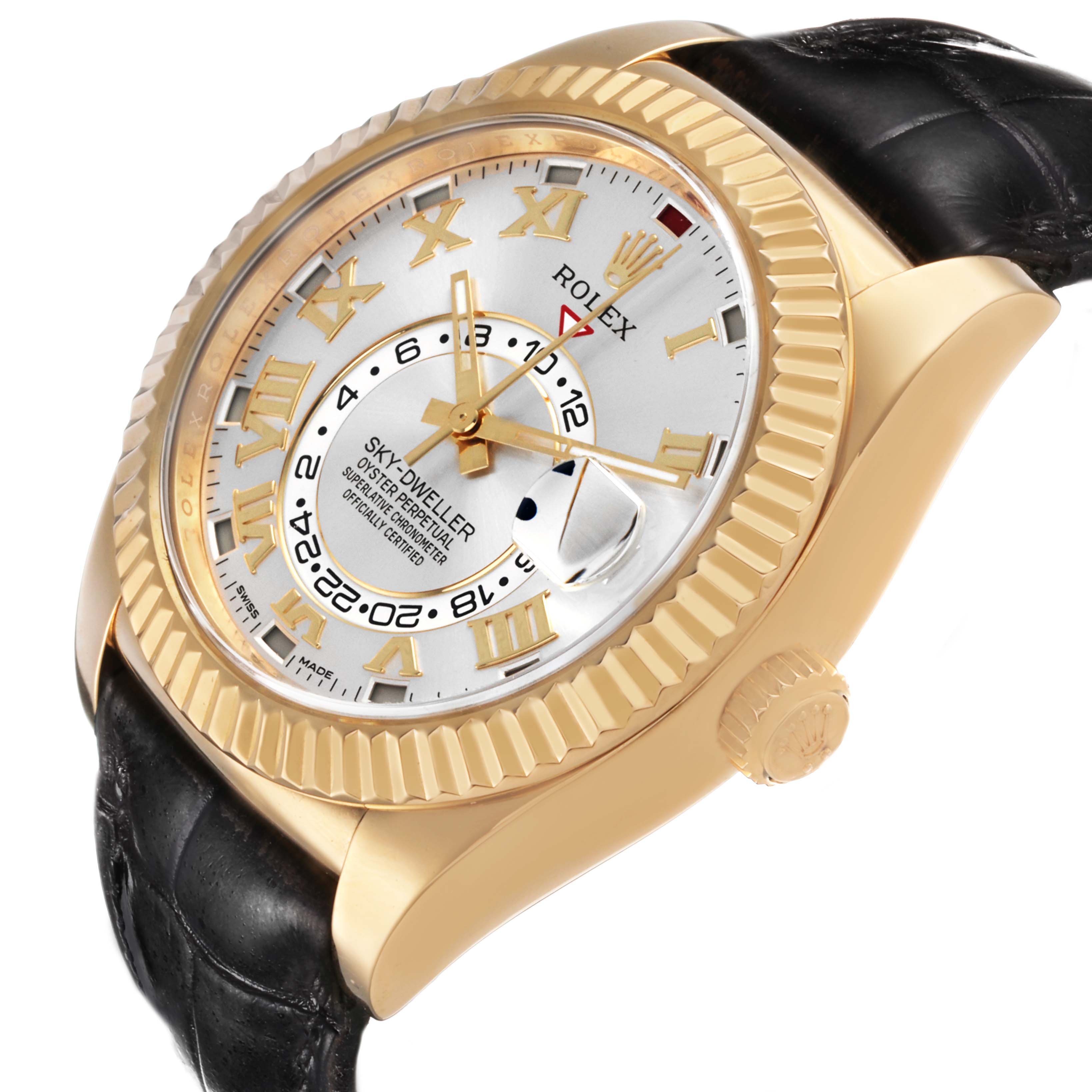 The Rolex Sky-Dweller 326138 Men's Yellow Gold Silver Dial watch is shown at a slight side angle, highlighting the face, bezel, crown, and leather strap.
