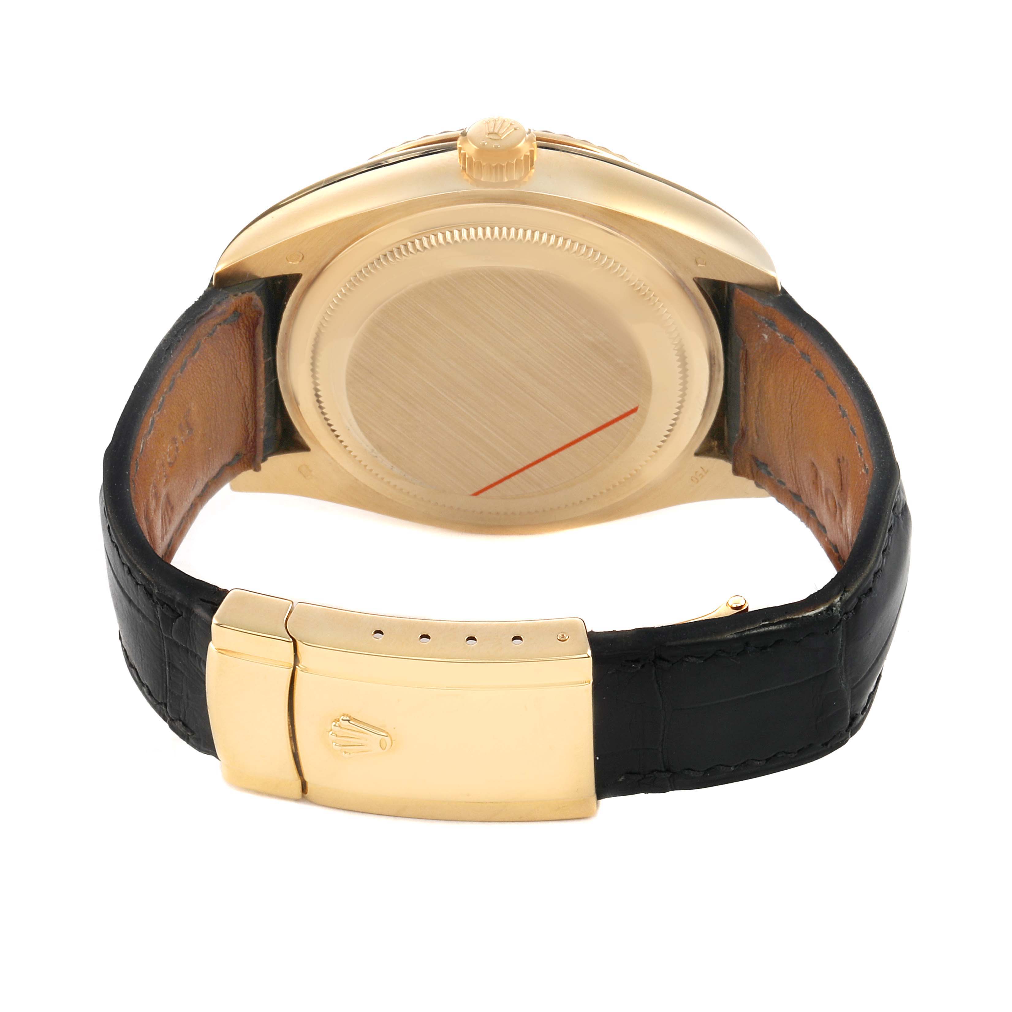 The image shows the back and clasp of a Rolex Sky-Dweller 326138 Men's Yellow Gold Silver Dial, highlighting the watch case and black leather strap.