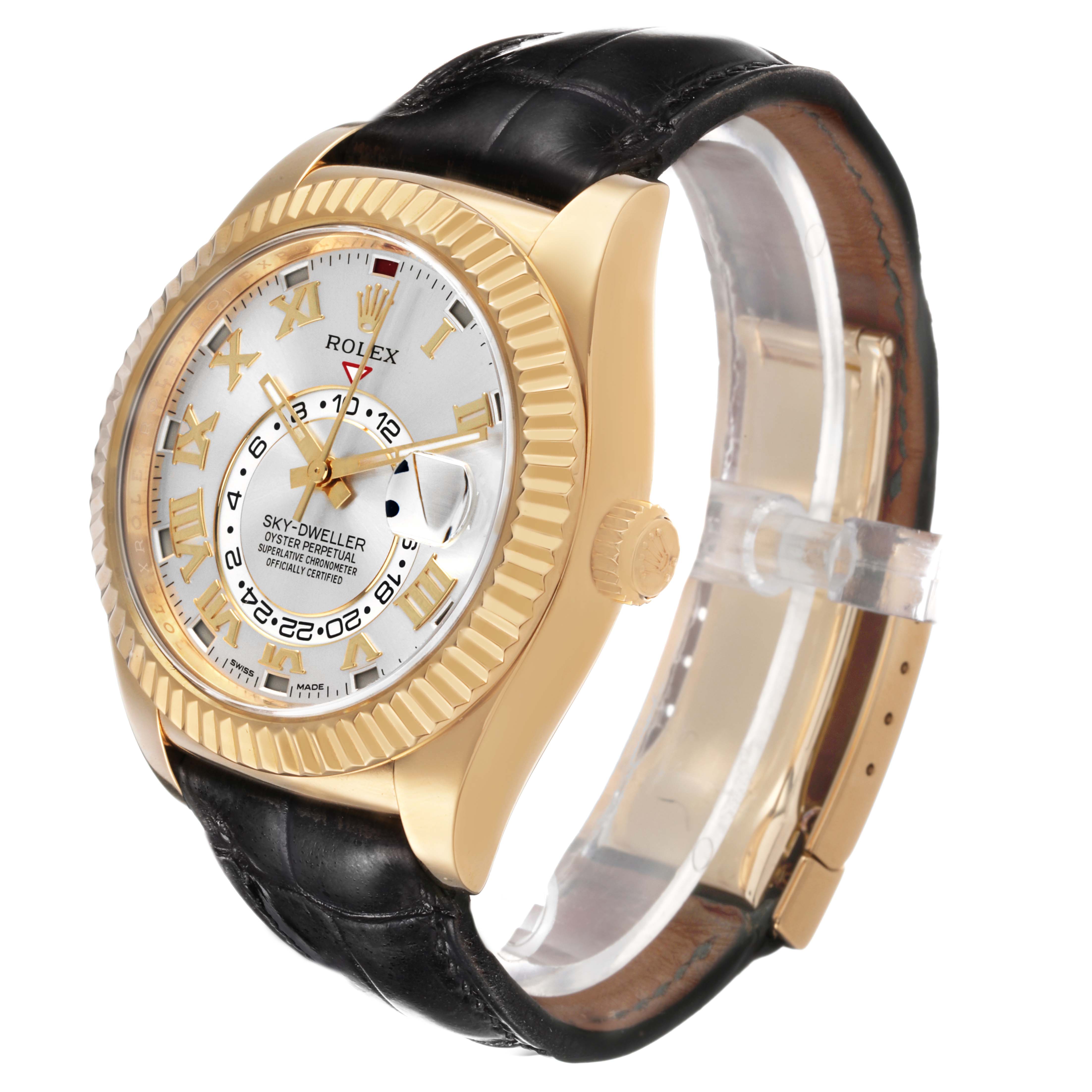 The Rolex Sky-Dweller 326138 Men's Yellow Gold Silver Dial watch is shown from a front-side angle, highlighting its gold bezel, crown, dial, and black leather strap.