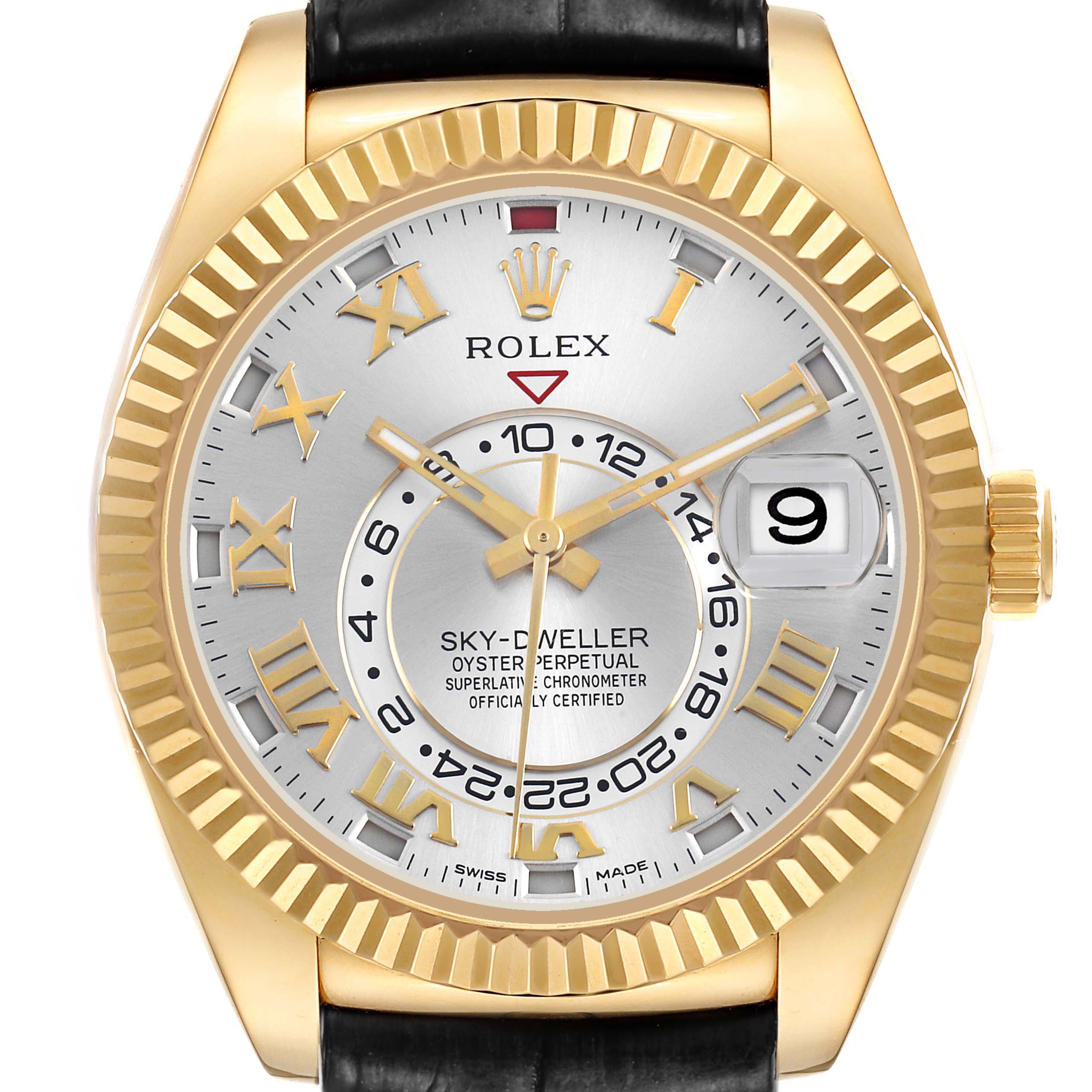 The Rolex Sky-Dweller 326138 Men's Yellow Gold Silver Dial watch is shown from the front, displaying the dial, bezel, crown, and part of the strap.