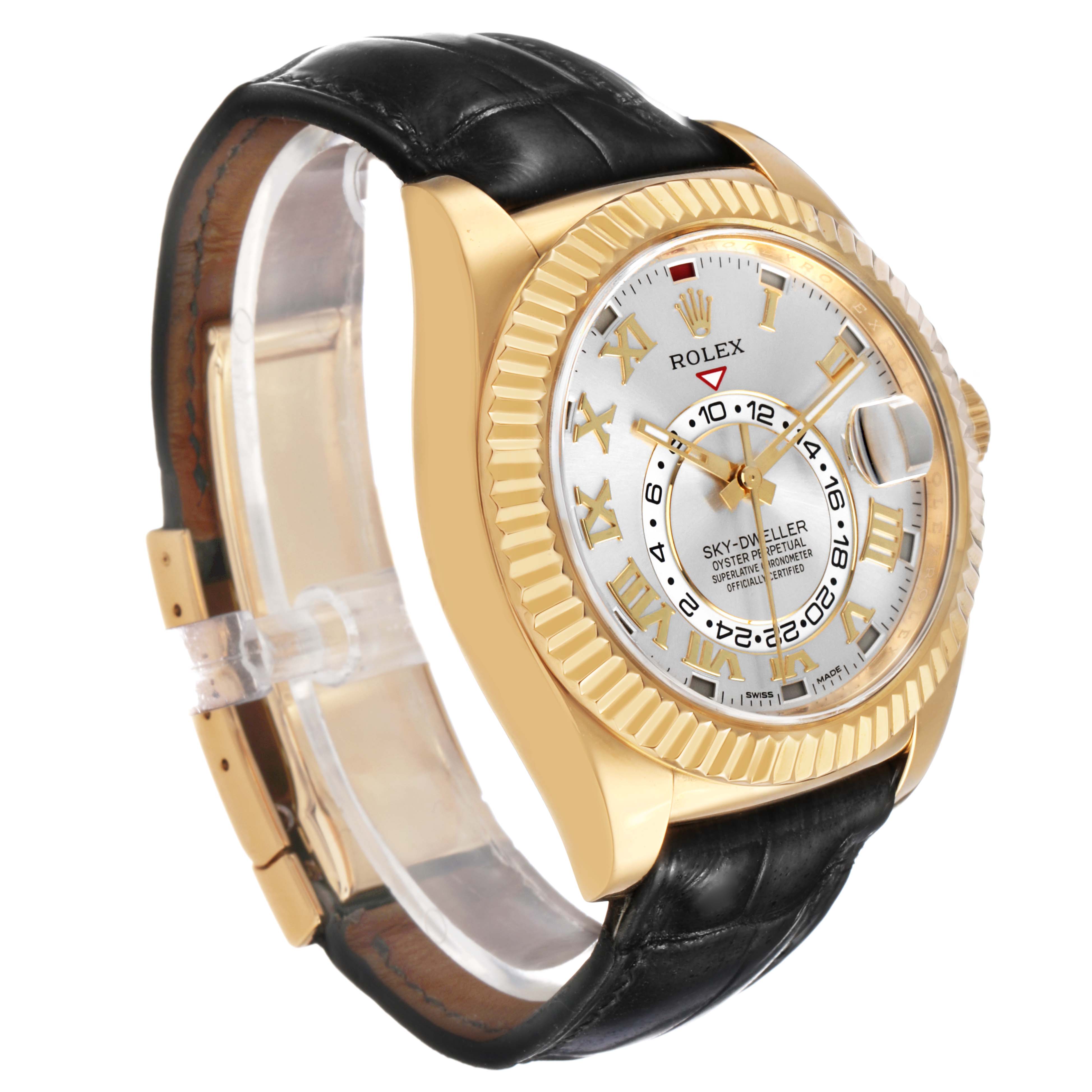 The Rolex Sky-Dweller 326138 Men's Yellow Gold Silver Dial is shown at a three-quarter angle, highlighting its golden bezel, white dial, and black leather strap.