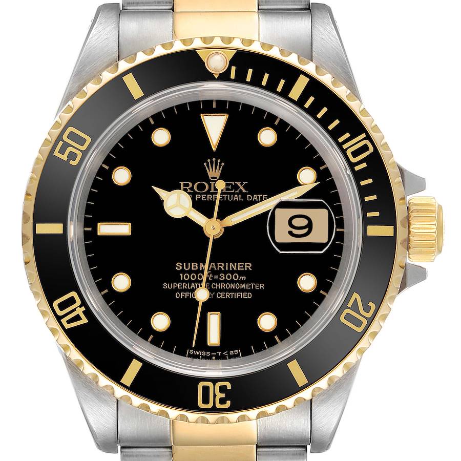 The Rolex Submariner is displayed from the front, showcasing the dial, bezel, case, and a portion of the bracelet.