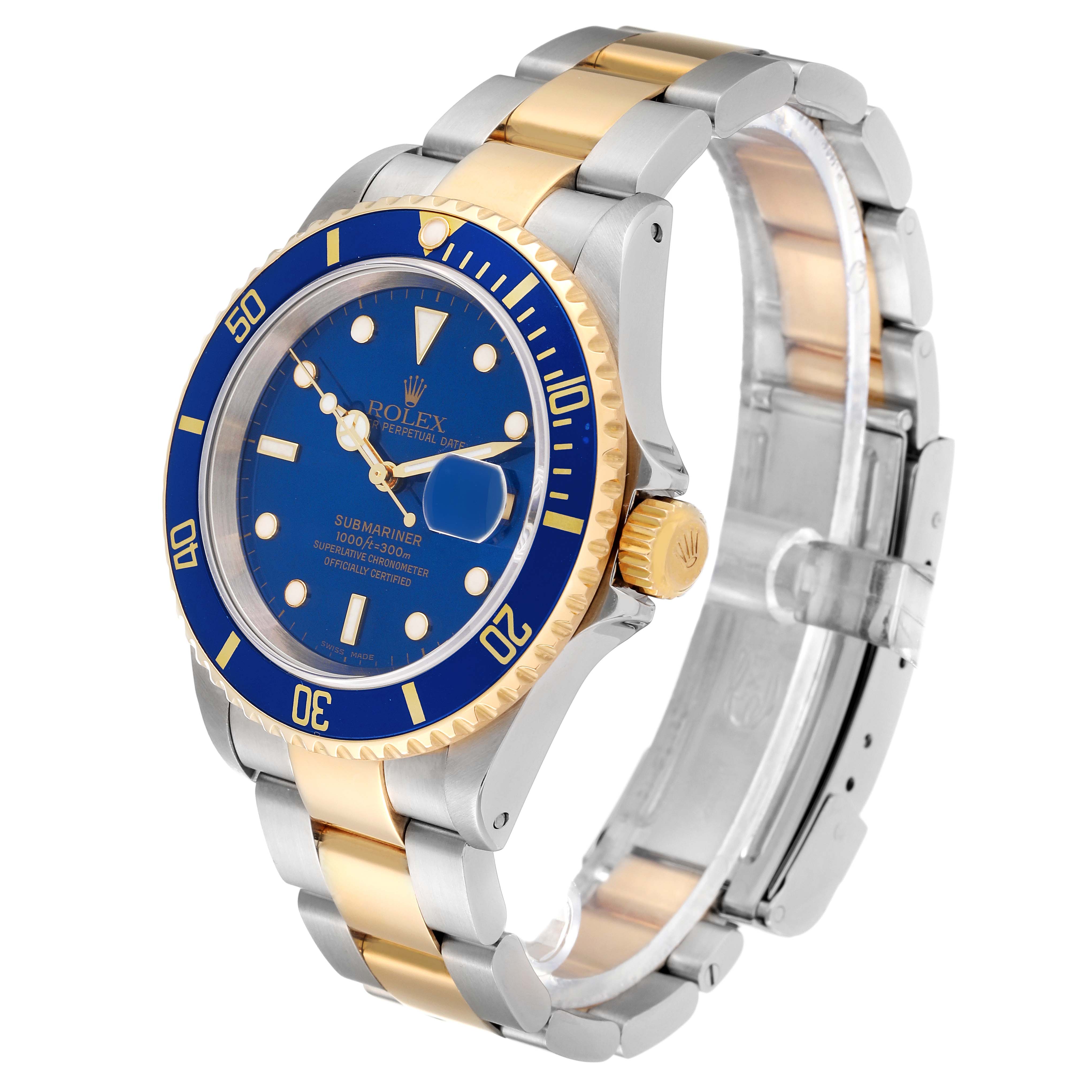 The image shows a Rolex Submariner 16613 Men's Steel and Gold (two tone) Blue Dial 16613 Men's Steel and Gold (two tone) Blue Dial watch from a front-left angle, highlighting its blue dial, bezel, and two-tone bracelet.