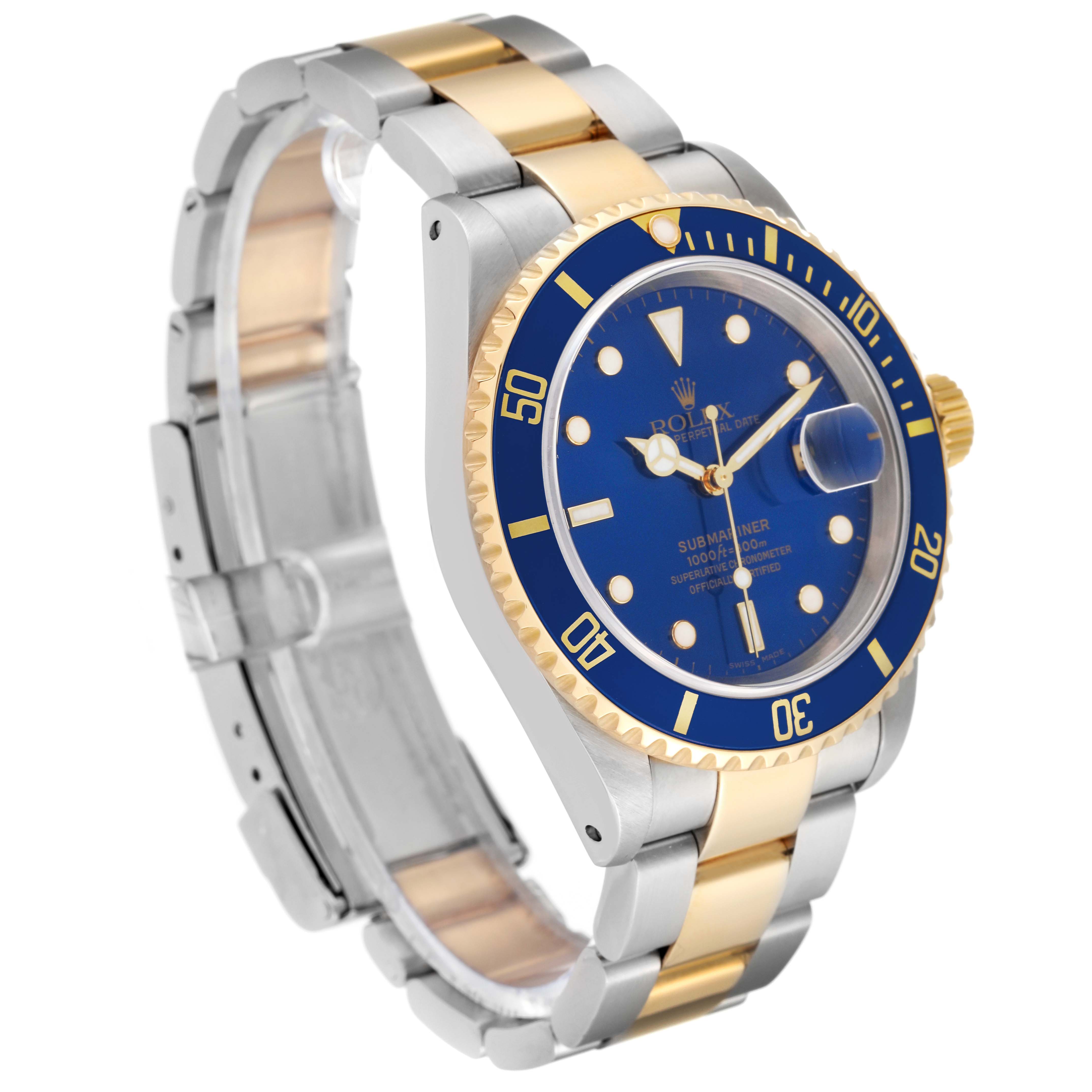 The Rolex Submariner 16613 Men's Steel and Gold (two tone) Blue Dial 16613 Men's Steel and Gold (two tone) Blue Dial is shown from an angled side view, displaying the watch face, bezel, crown, and two-tone bracelet.
