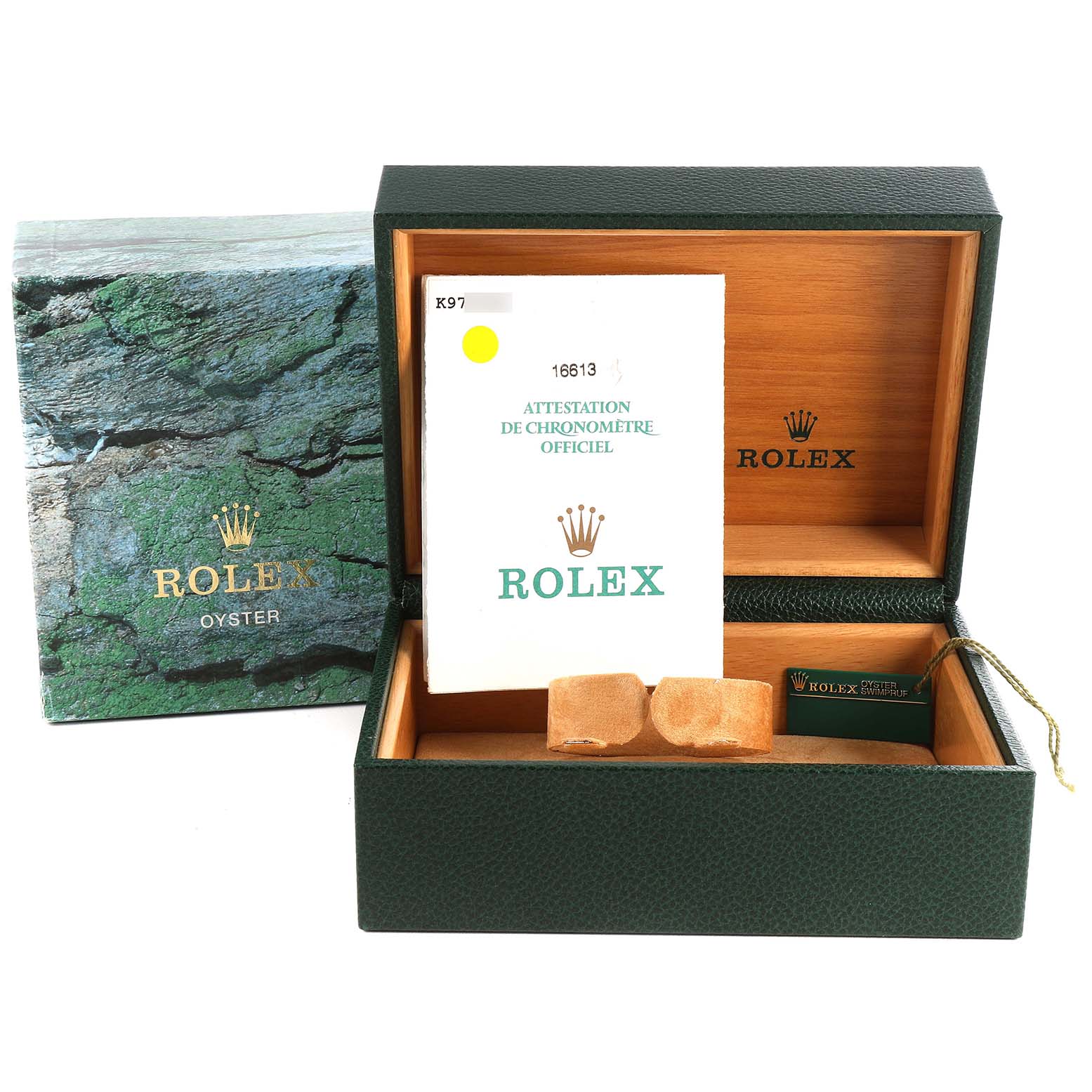 The image shows the open packaging of a Rolex Submariner 16613 Men's Steel and Gold (two tone) Blue Dial 16613 Men's Steel and Gold (two tone) Blue Dial, including the box, manual, and card holder, viewed from the front.