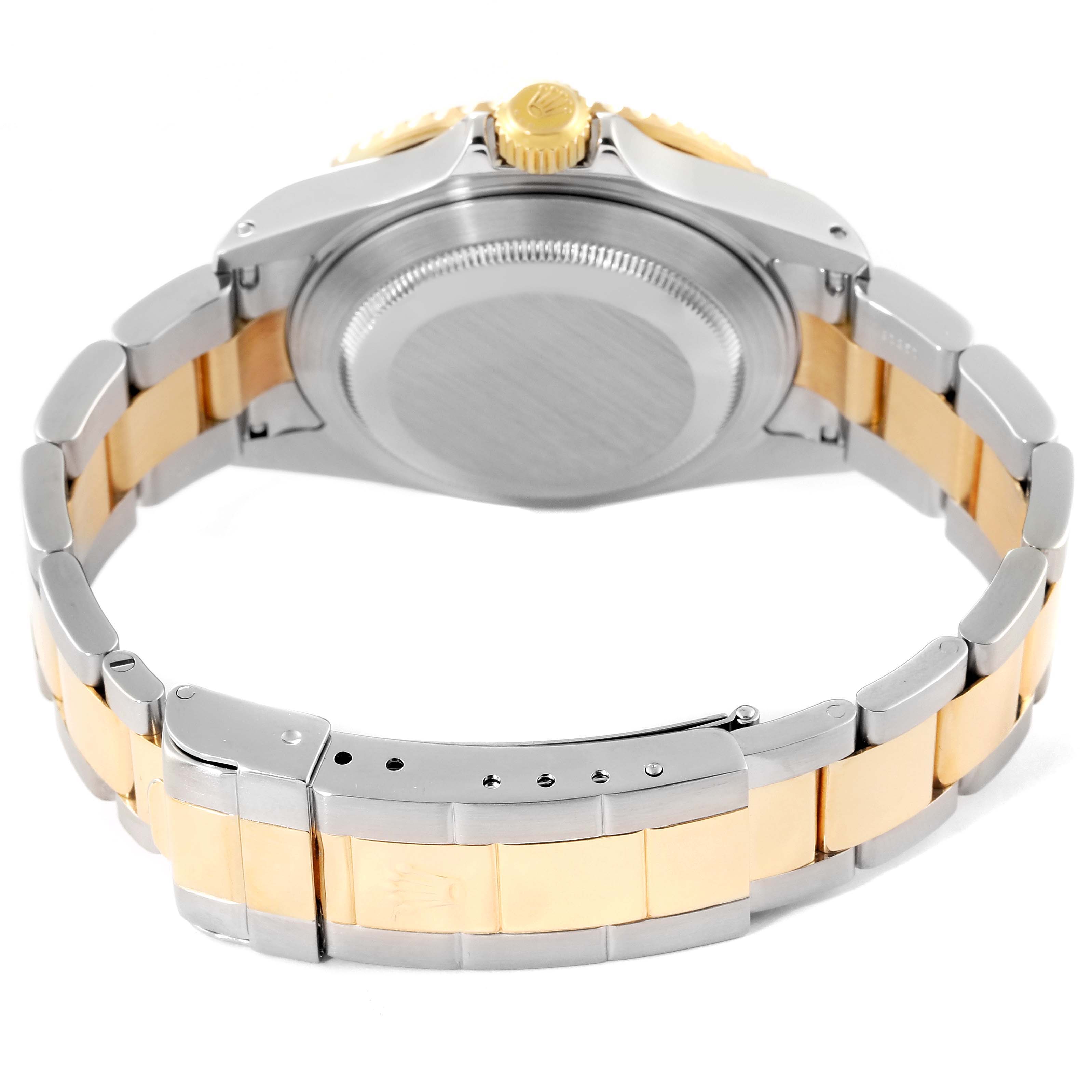 The image shows the case back and bracelet of a Rolex Submariner 16613 Men's Steel and Gold (two tone) Blue Dial 16613 Men's Steel and Gold (two tone) Blue Dial watch from the rear angle.