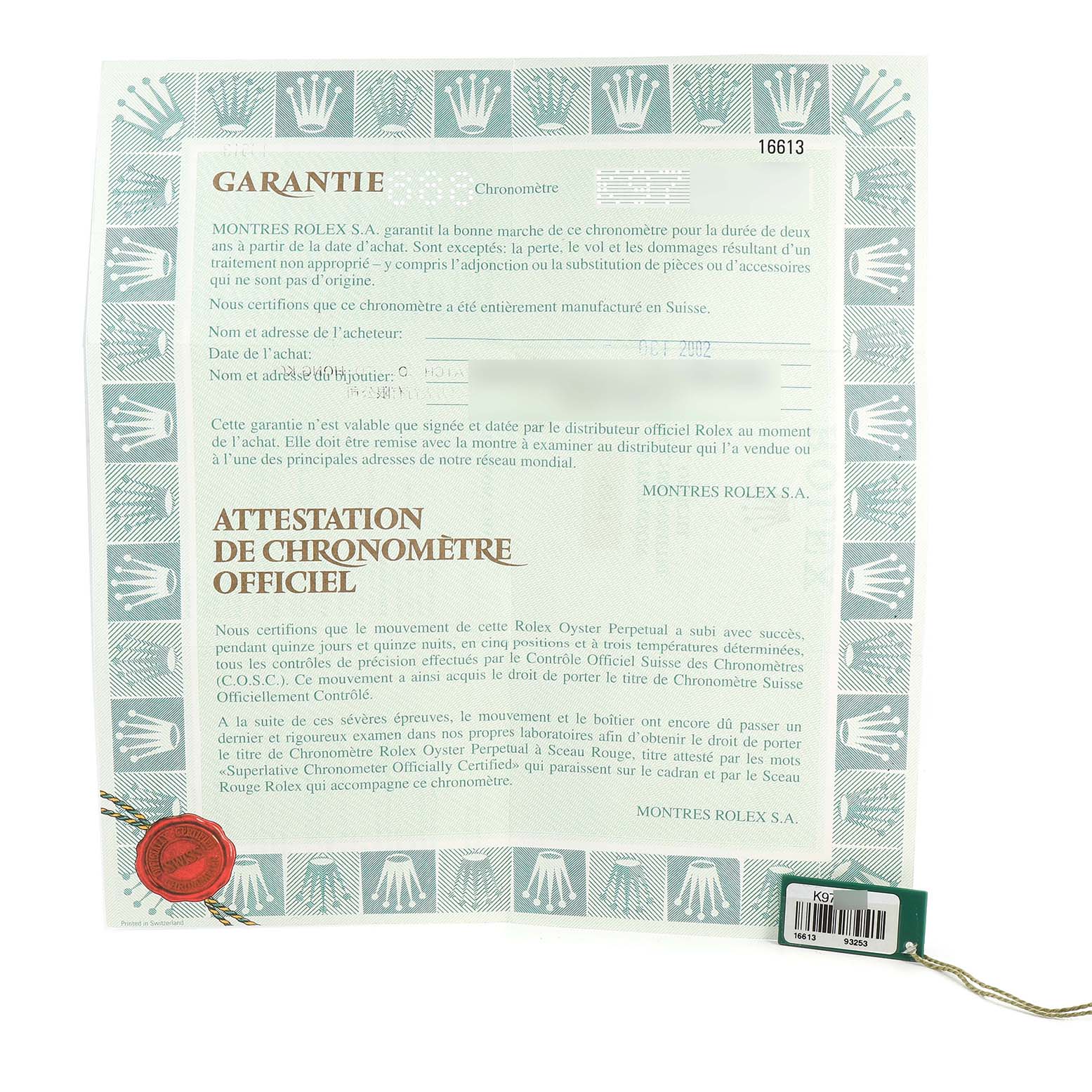 This image shows the warranty and official chronometer certificate for the Rolex Submariner 16613 Men's Steel and Gold (two tone) Blue Dial 16613 Men's Steel and Gold (two tone) Blue Dial model.