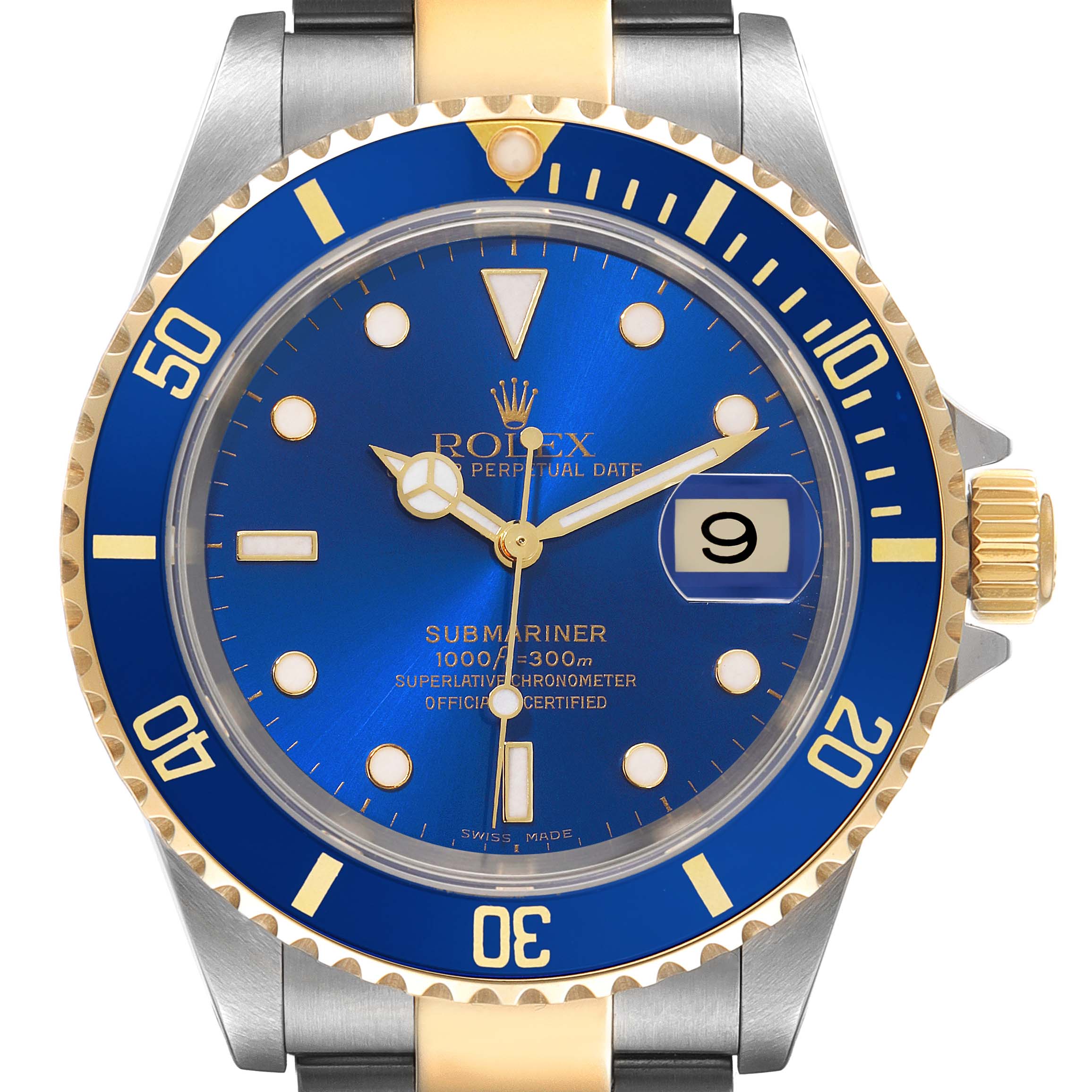 The image shows a front view of a Rolex Submariner 16613 Men's Steel and Gold (two tone) Blue Dial 16613 Men's Steel and Gold (two tone) Blue Dial watch with a blue dial and bezel, showcasing its crown and bracelet.
