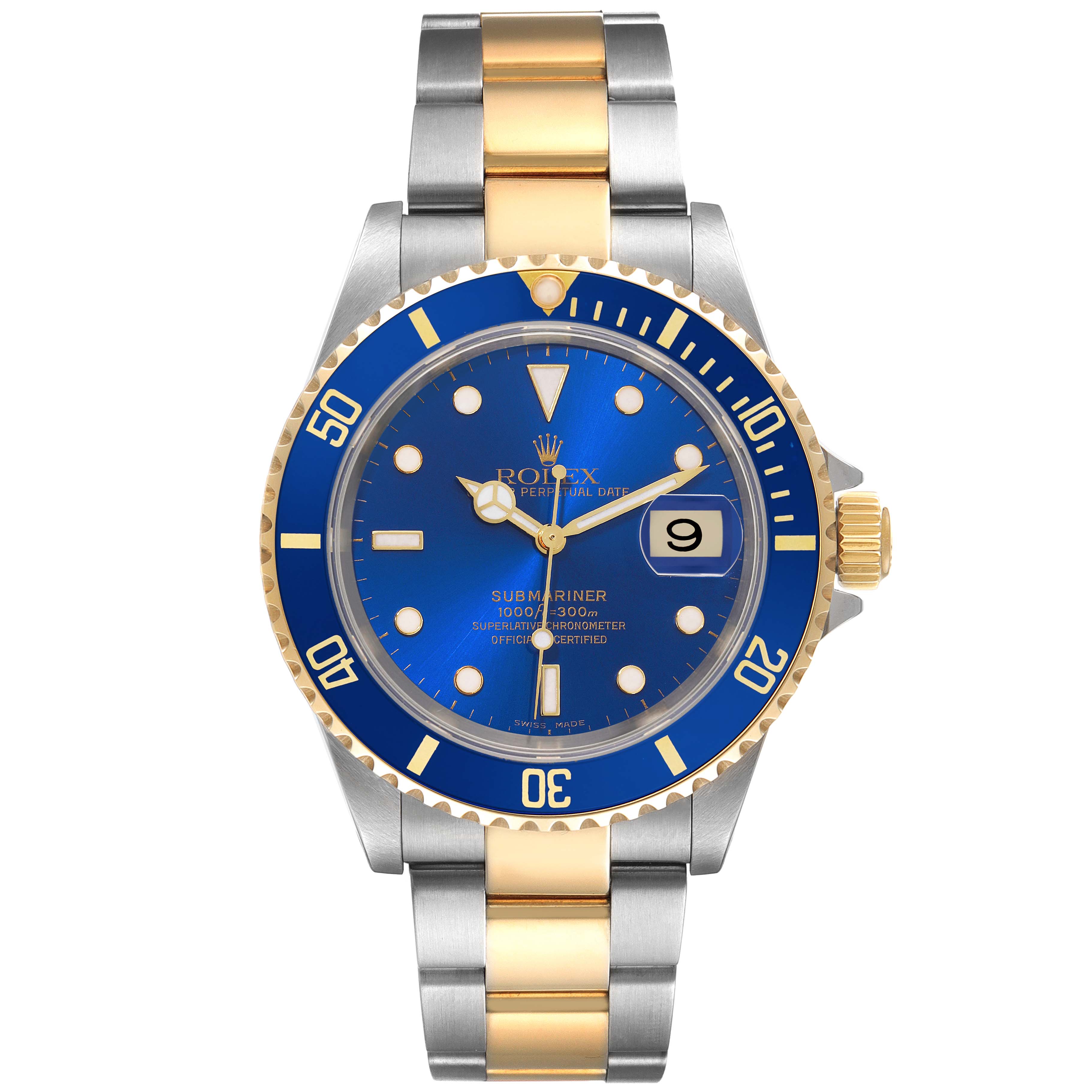 The image shows a Rolex Submariner 16613 Men's Steel and Gold (two tone) Blue Dial 16613 Men's Steel and Gold (two tone) Blue Dial watch from a front angle, displaying its blue dial, bezel, and two-tone bracelet.