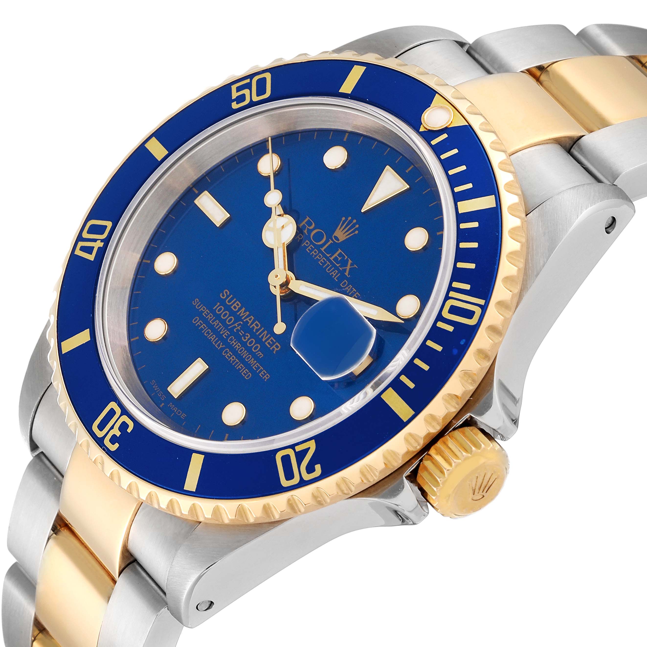 The image shows a close-up of the dial, bezel, and part of the bracelet of a Rolex Submariner 16613 Men's Steel and Gold (two tone) Blue Dial 16613 Men's Steel and Gold (two tone) Blue Dial watch.