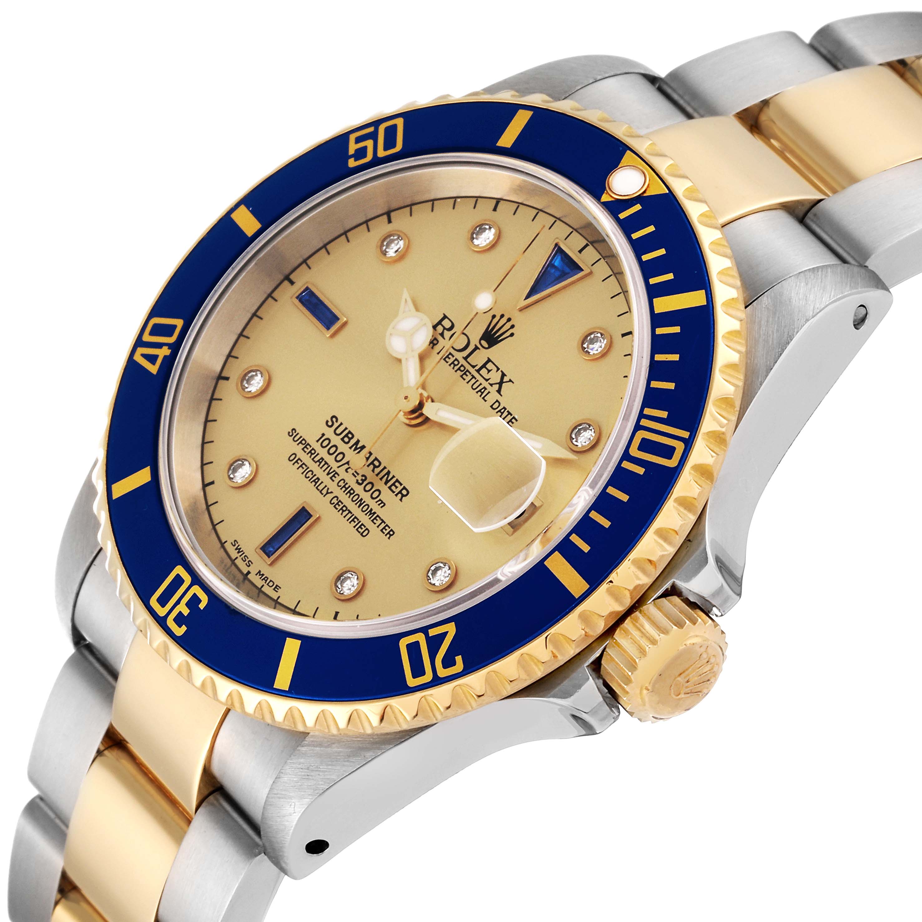 The image shows a Rolex Submariner 16613LB Men's Steel and Gold (two tone) Champagne Dial 16613LB Men's Steel and Gold (two tone) Champagne Dial watch at a slight angle, highlighting its gold and blue bezel, champagne dial, and two-tone bracelet.