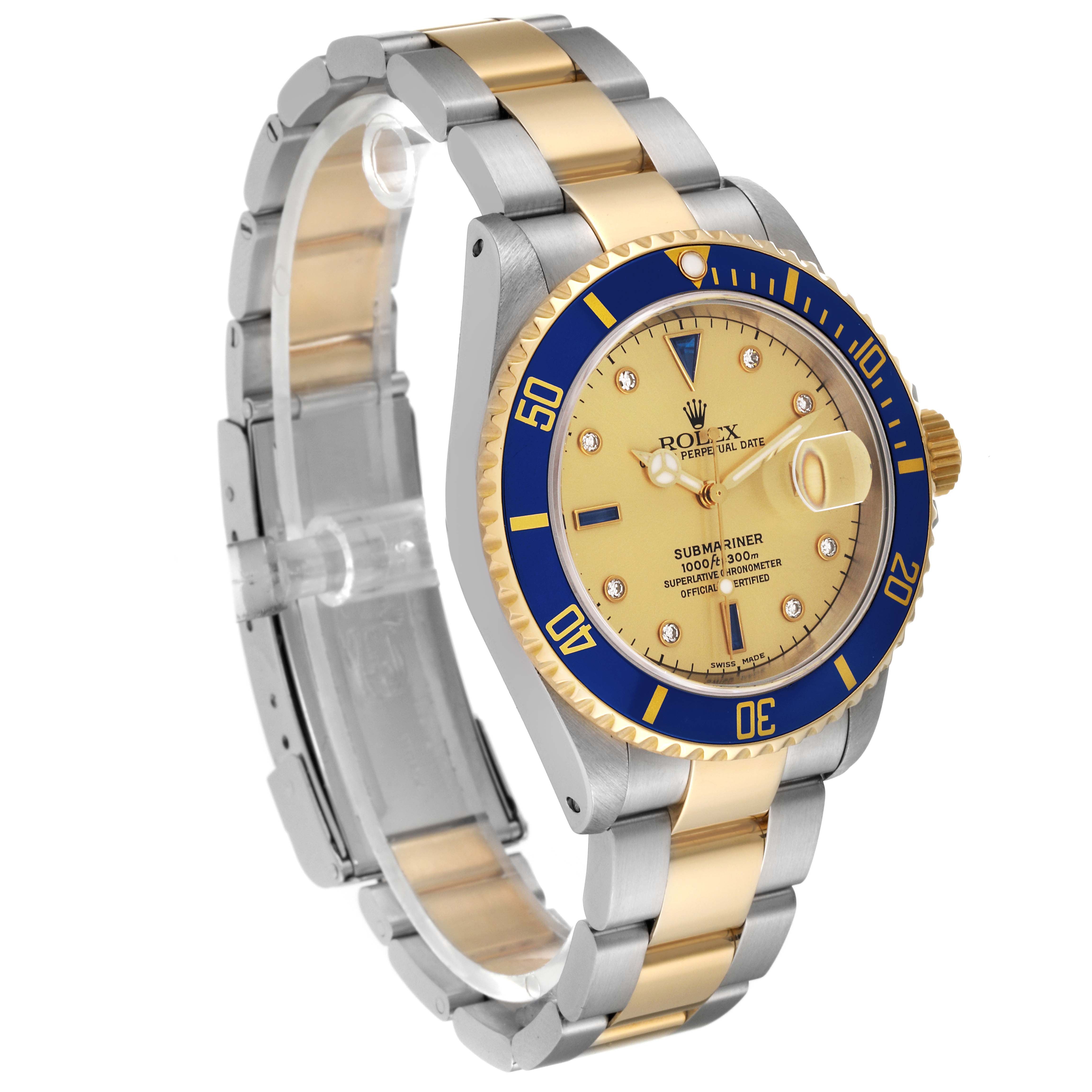 The Rolex Submariner 16613LB Men's Steel and Gold (two tone) Champagne Dial 16613LB Men's Steel and Gold (two tone) Champagne Dial watch is shown at an angled view, displaying its blue bezel, gold dial, and two-tone bracelet.