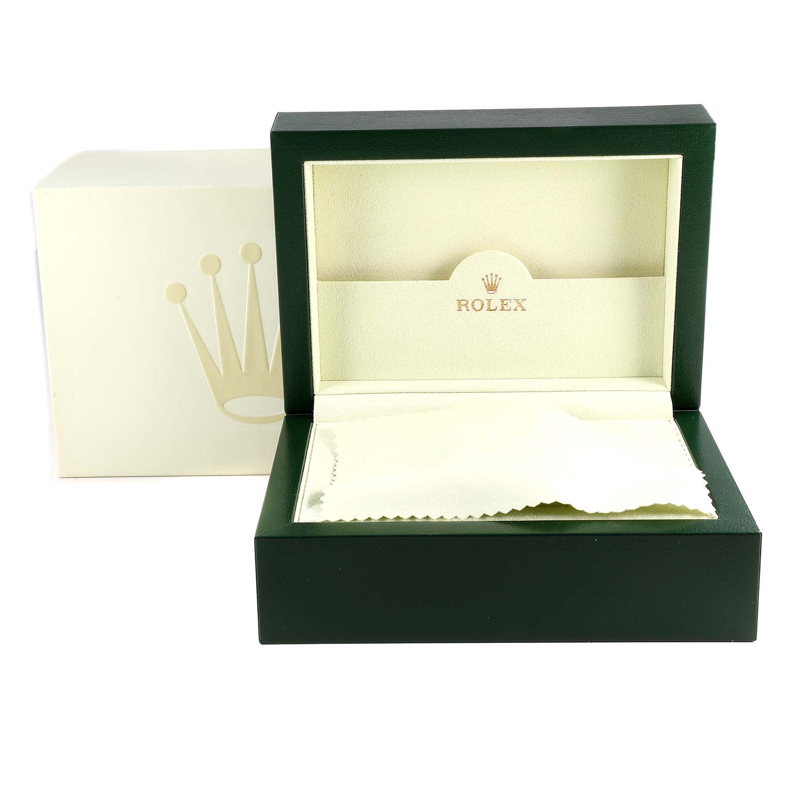 The image shows an open green Rolex Submariner 16613LB Men's Steel and Gold (two tone) Champagne Dial 16613LB Men's Steel and Gold (two tone) Champagne Dial watch box, with an inner compartment and a folded cleaning cloth.
