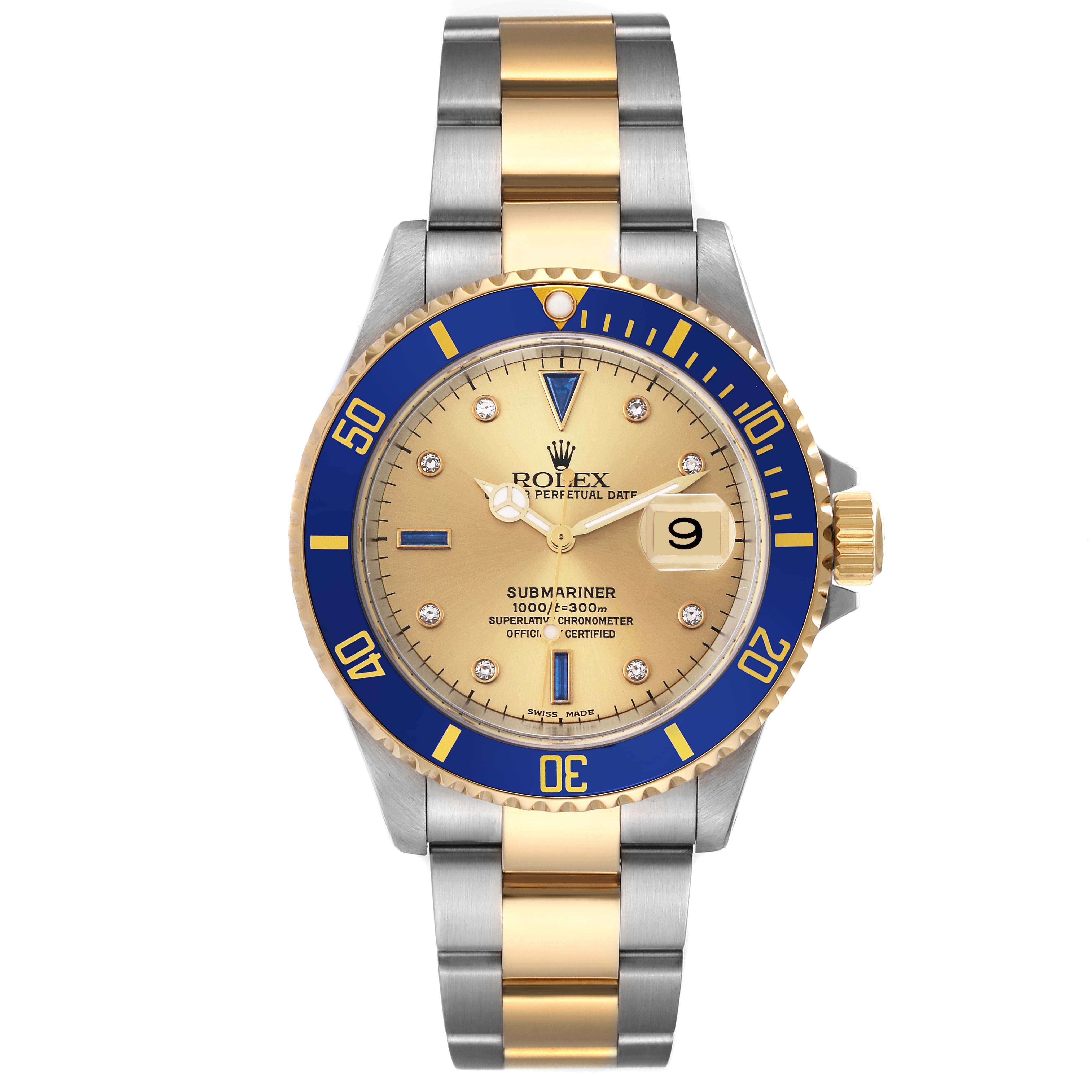 The Rolex Submariner 16613LB Men's Steel and Gold (two tone) Champagne Dial 16613LB Men's Steel and Gold (two tone) Champagne Dial watch is shown at a straight angle, displaying the dial, bezel, and bracelet.