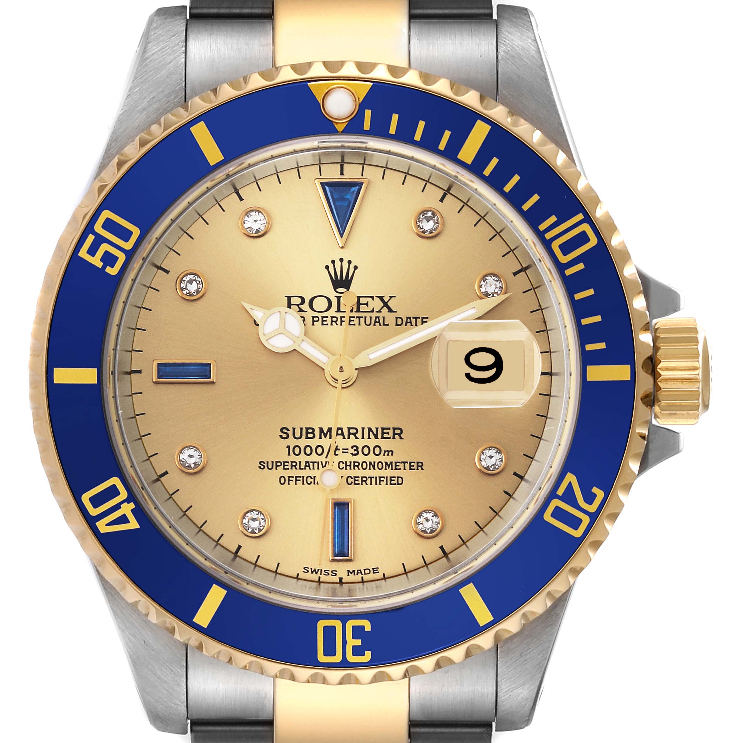 This image shows a front view of the Rolex Submariner 16613LB Men's Steel and Gold (two tone) Champagne Dial 16613LB Men's Steel and Gold (two tone) Champagne Dial watch featuring a blue and gold bezel, gold dial, and date display.
