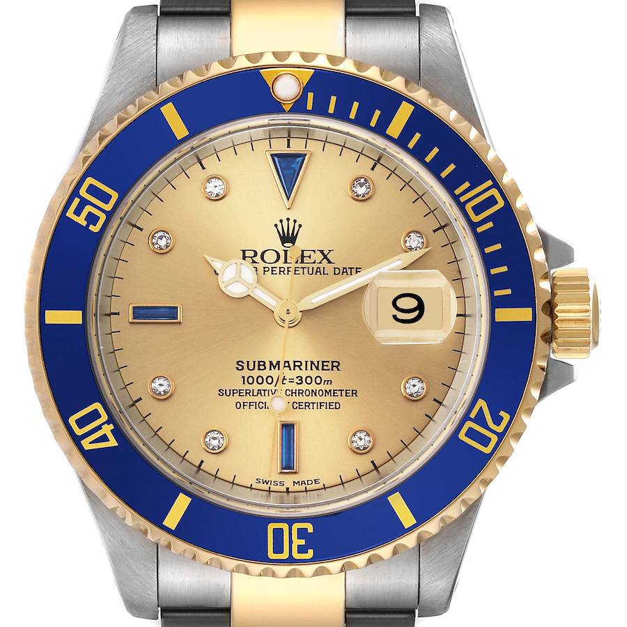 Rolex Submariner Steel Yellow Gold Diamond Sapphire Serti Dial Mens Watch 16613 SwissWatchExpo