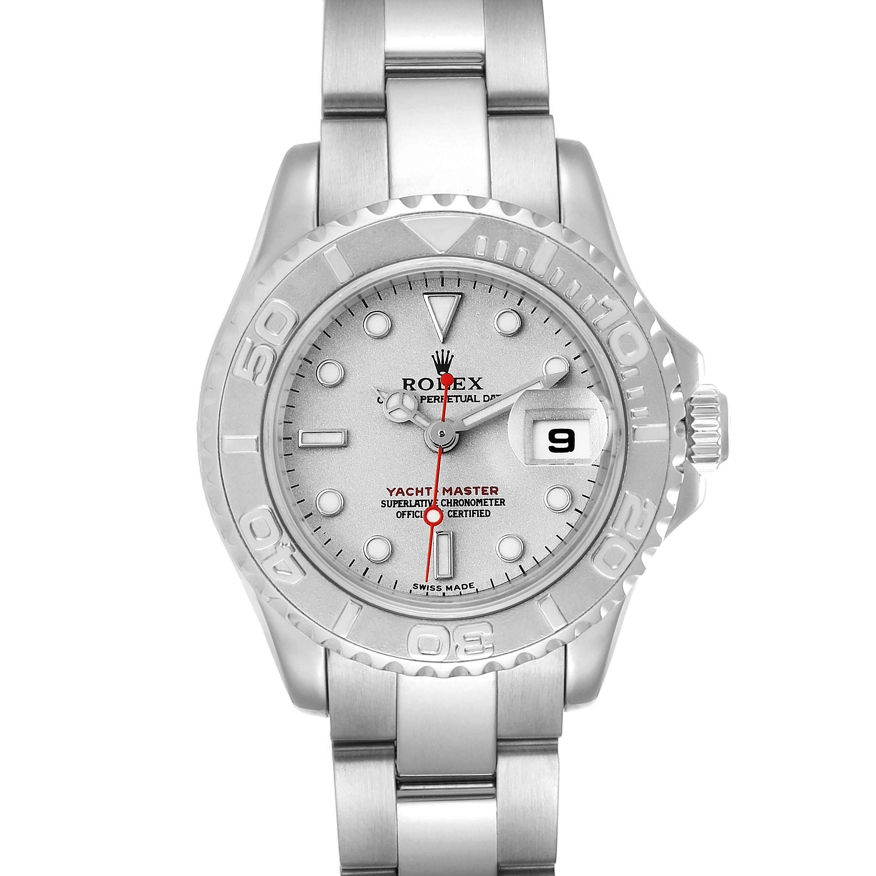 This image shows a front view of a Rolex Yacht-Master 169622 Women's Stainless Steel Silver Dial 169622 Women's Stainless Steel Silver Dial watch, displaying the face, bezel, and part of the metal bracelet.