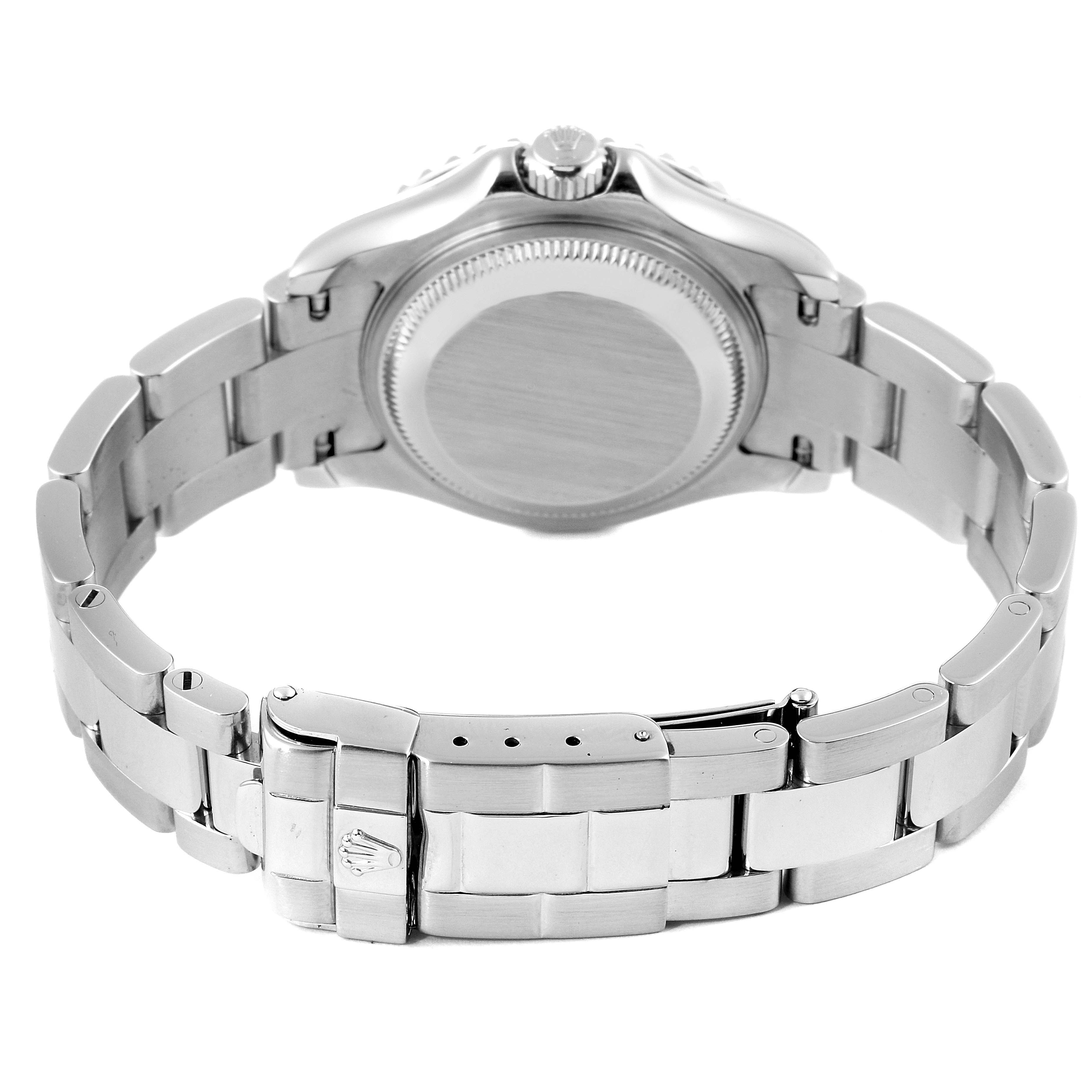 This image shows the back of a Rolex Yacht-Master 169622 Women's Stainless Steel Silver Dial 169622 Women's Stainless Steel Silver Dial watch, highlighting its bracelet, clasp, and case back.