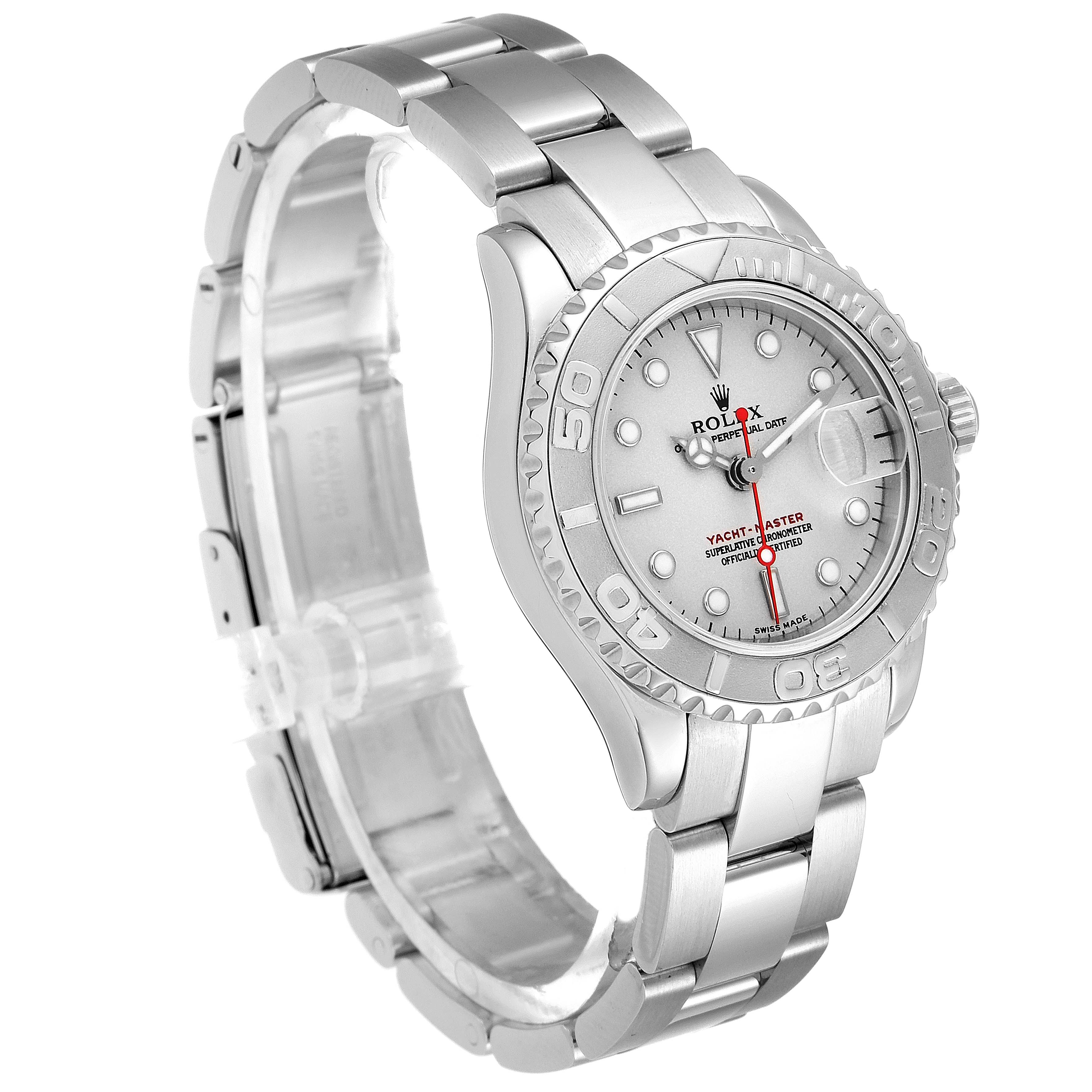 The image shows a side angle of a Rolex Yacht-Master 169622 Women's Stainless Steel Silver Dial 169622 Women's Stainless Steel Silver Dial watch, displaying its face, bezel, and stainless steel bracelet.