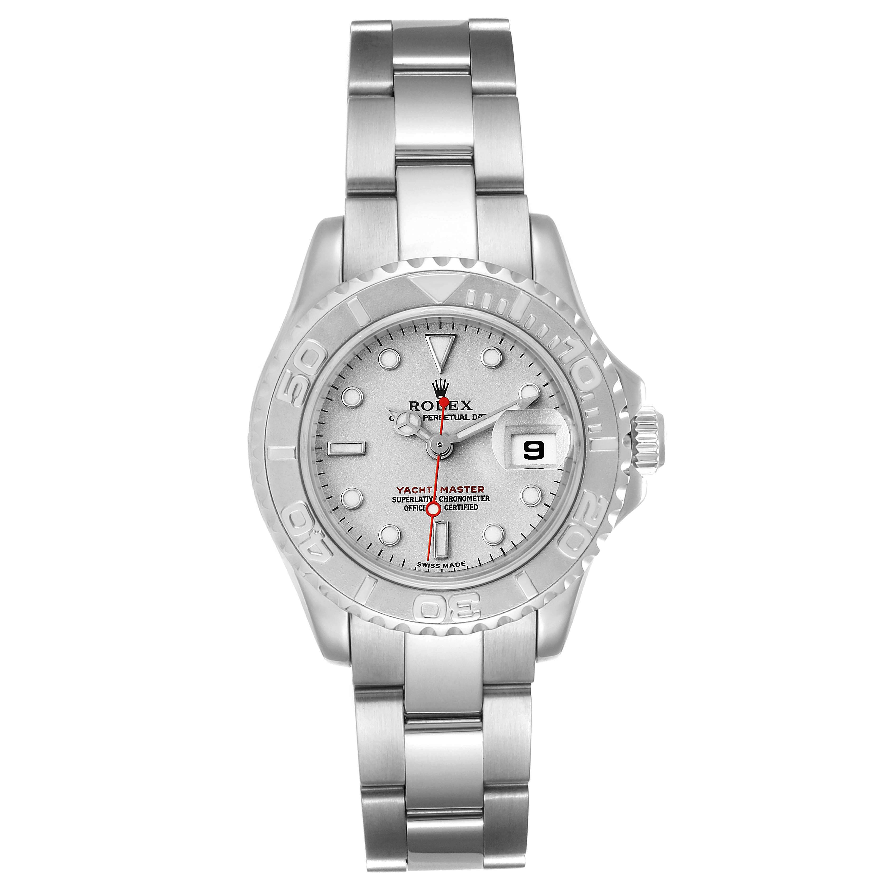 The image shows a Rolex Yacht-Master 169622 Women's Stainless Steel Silver Dial 169622 Women's Stainless Steel Silver Dial watch from a front angle, displaying its dial, bezel, and bracelet.