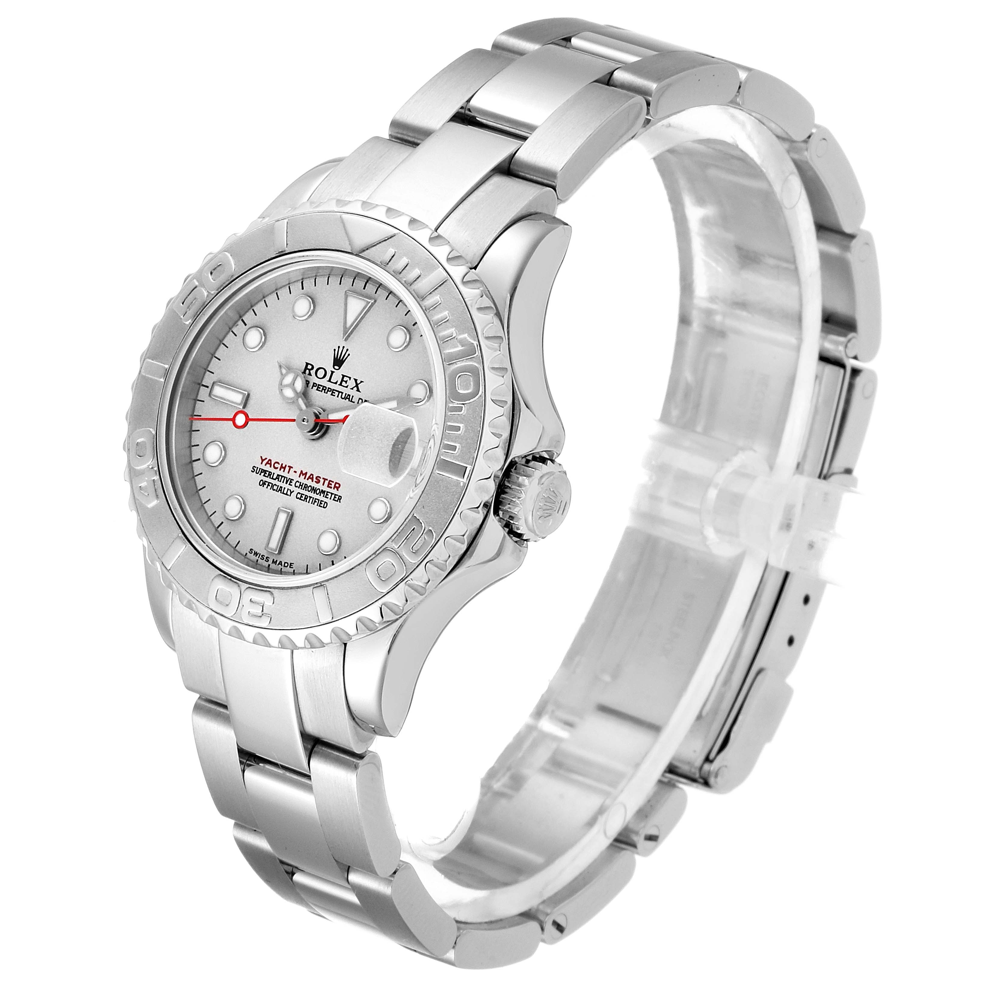 The Rolex Yacht-Master 169622 Women's Stainless Steel Silver Dial 169622 Women's Stainless Steel Silver Dial watch is shown from a three-quarter angle, displaying the dial, bezel, crown, bracelet, and clasp.