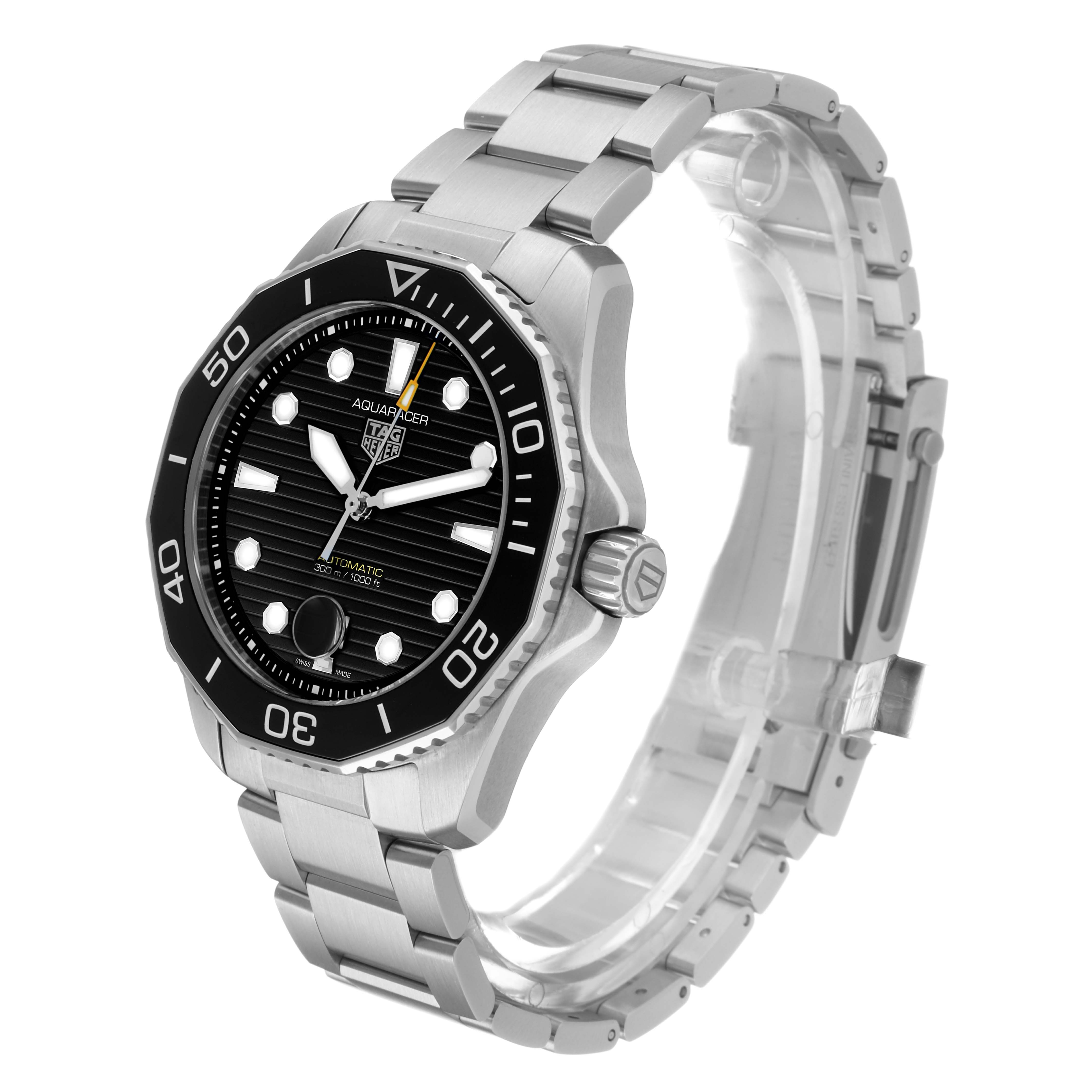 The Tag Heuer Aquaracer WBP201A-0.BA0632 Men's Stainless Steel Black Dial is shown at an angle highlighting the front dial and bracelet.